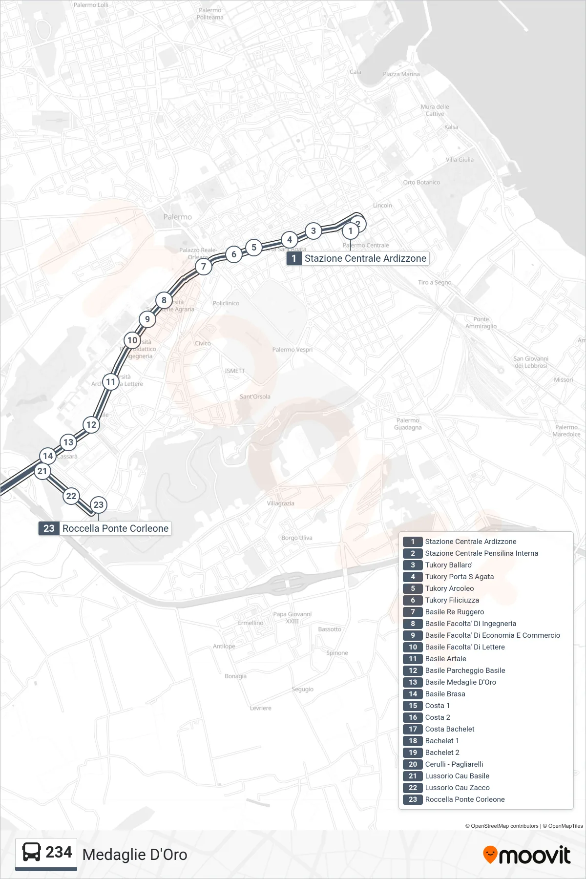 Linea 234 bus (Medaglie D'Oro) - Percorsi e fermate sulla mappa