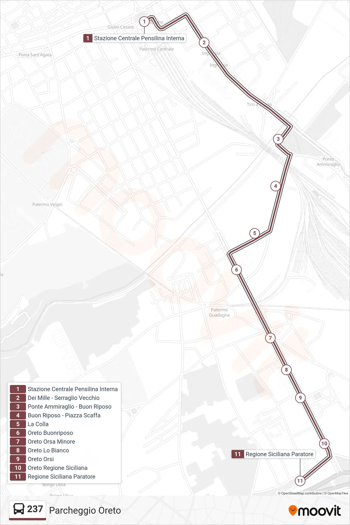 Linea 237 bus (Parcheggio Oreto) - Percorsi e fermate sulla mappa