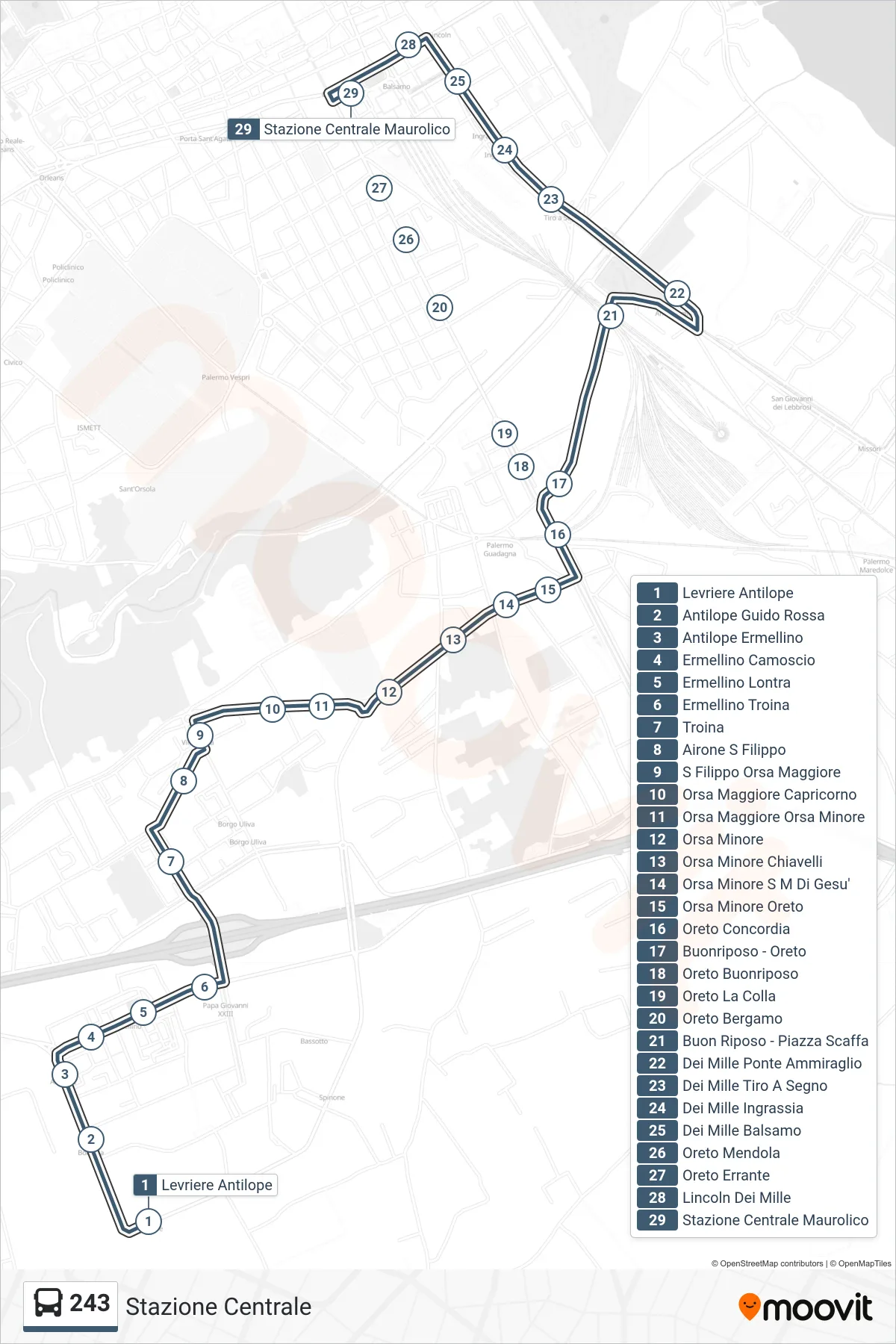 Linea 243 bus (Stazione Centrale) - Percorsi e fermate sulla mappa