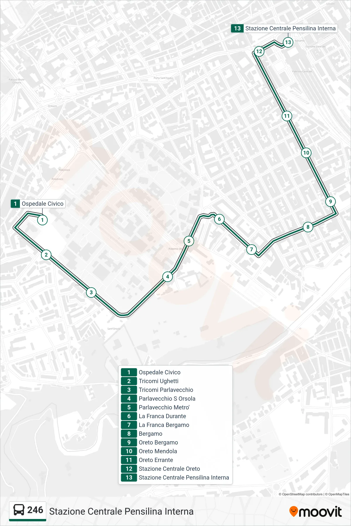 Linea 246 bus (Stazione Centrale Pensilina Interna) - Percorsi e fermate sulla mappa