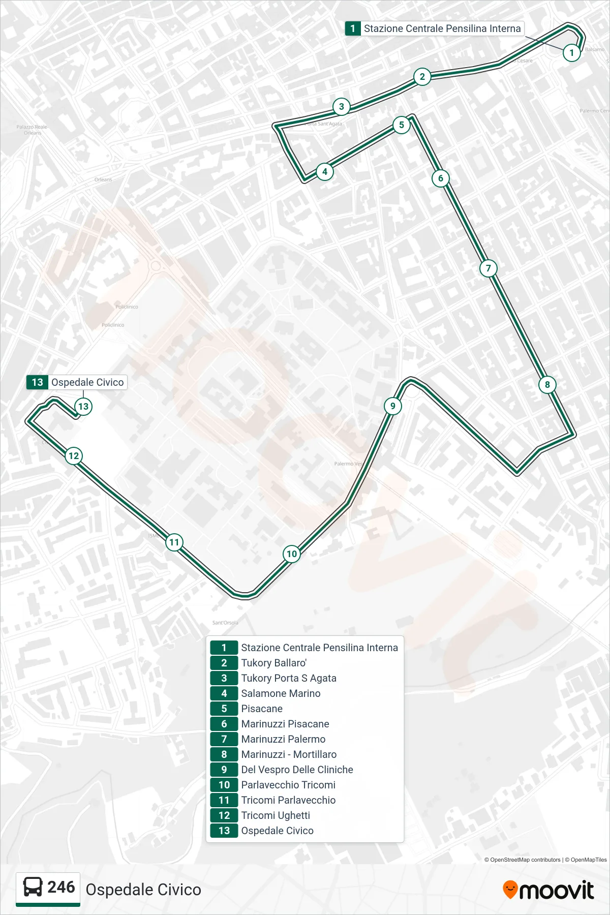 Linea 246 bus (Ospedale Civico) - Percorsi e fermate sulla mappa