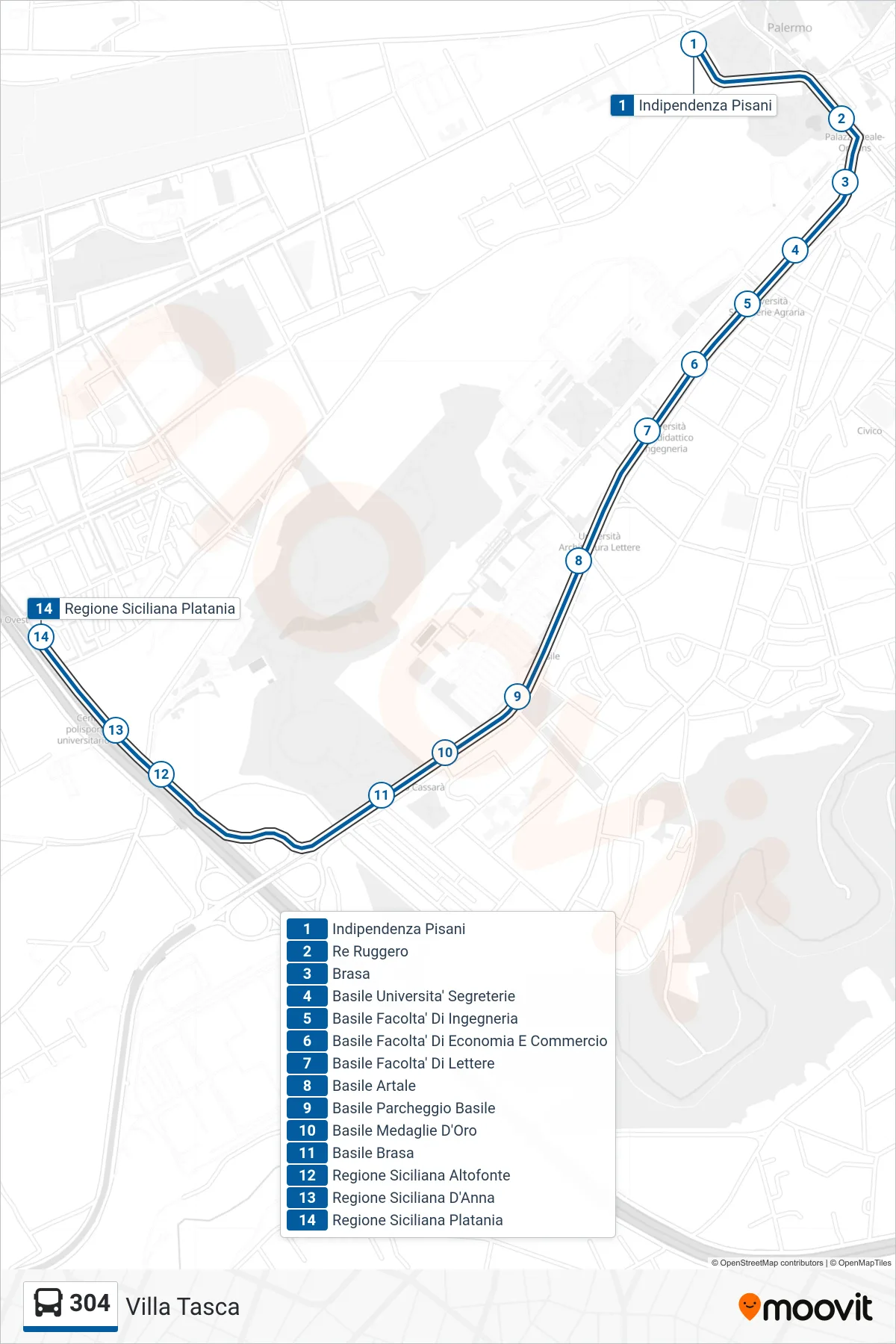Linea 304 bus (Villa Tasca) - Percorsi e fermate sulla mappa