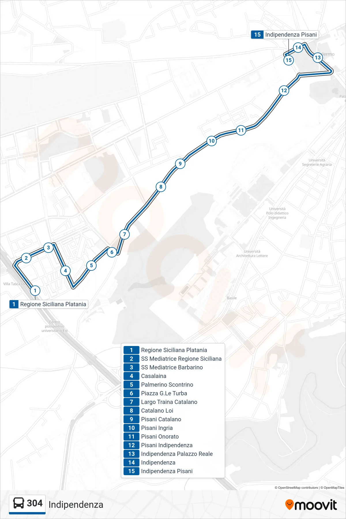 Linea 304 bus (Indipendenza) - Percorsi e fermate sulla mappa