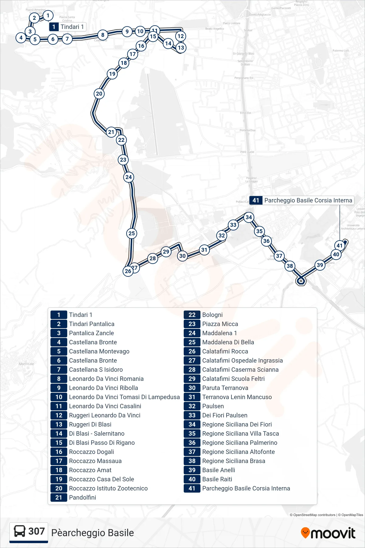 Linea 307 bus (Pèarcheggio Basile) - Percorsi e fermate sulla mappa