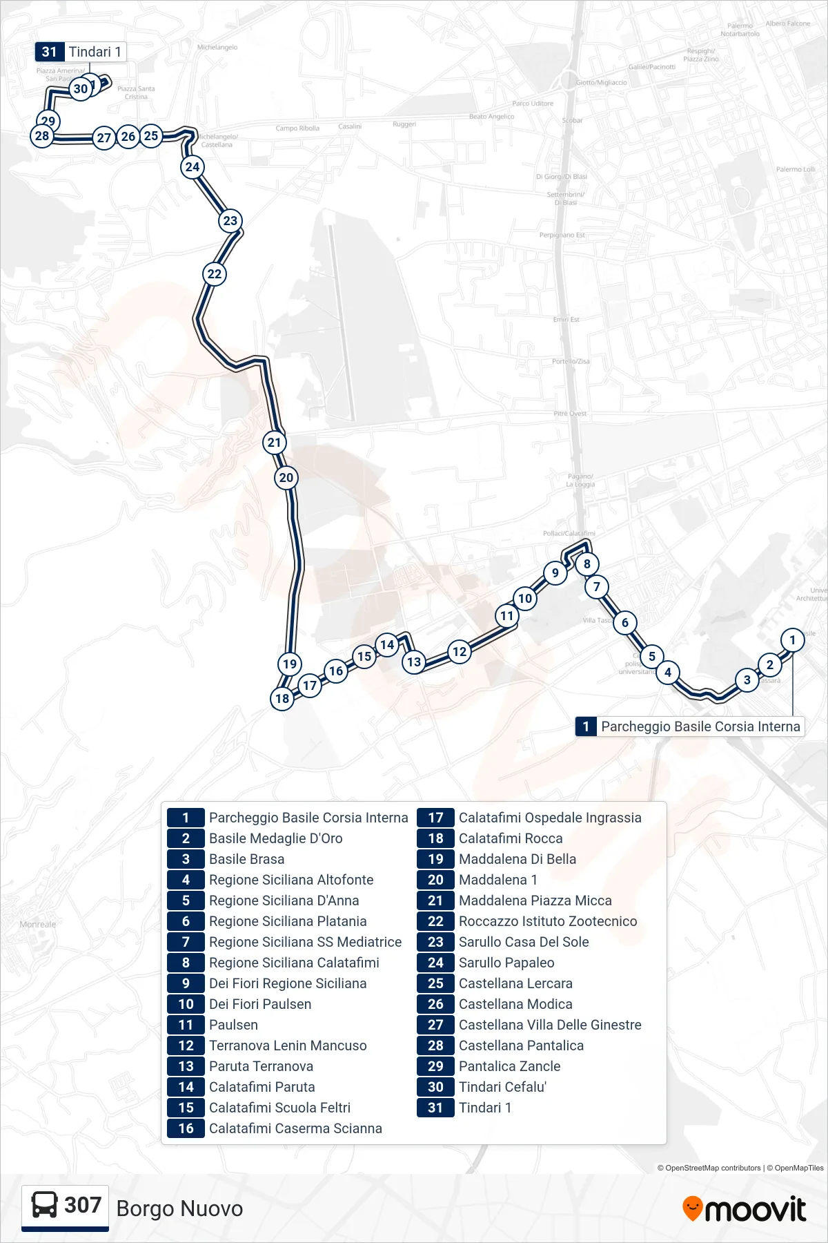 Linea 307  bus (Borgo Nuovo) - Percorsi e fermate sulla mappa