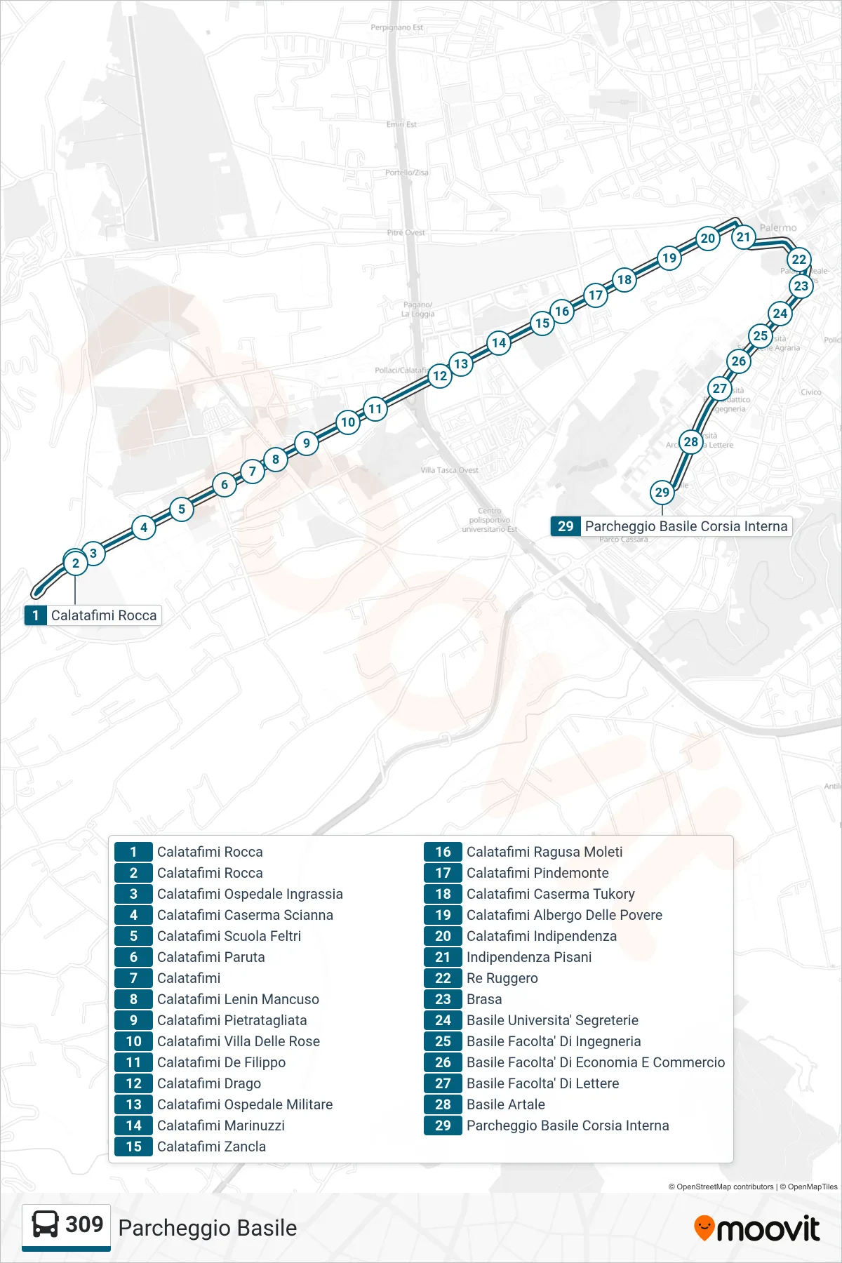 Linea 309  bus (Parcheggio Basile) - Percorsi e fermate sulla mappa