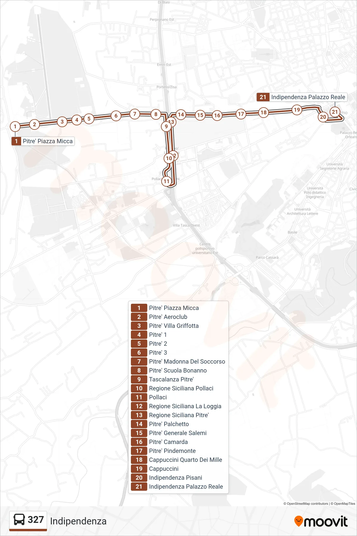Linea 327  bus (Indipendenza) - Percorsi e fermate sulla mappa
