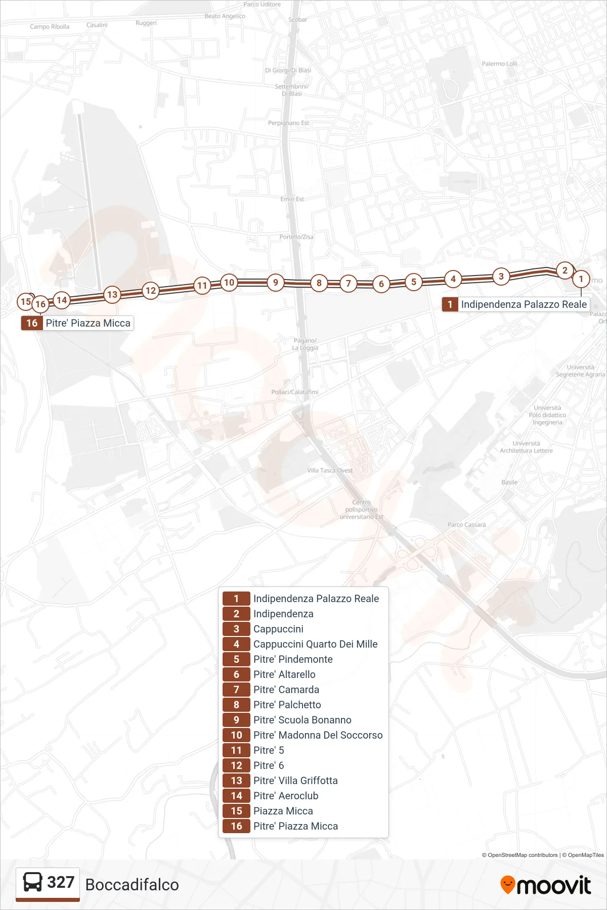 Linea 327 bus (Boccadifalco) - Percorsi e fermate sulla mappa