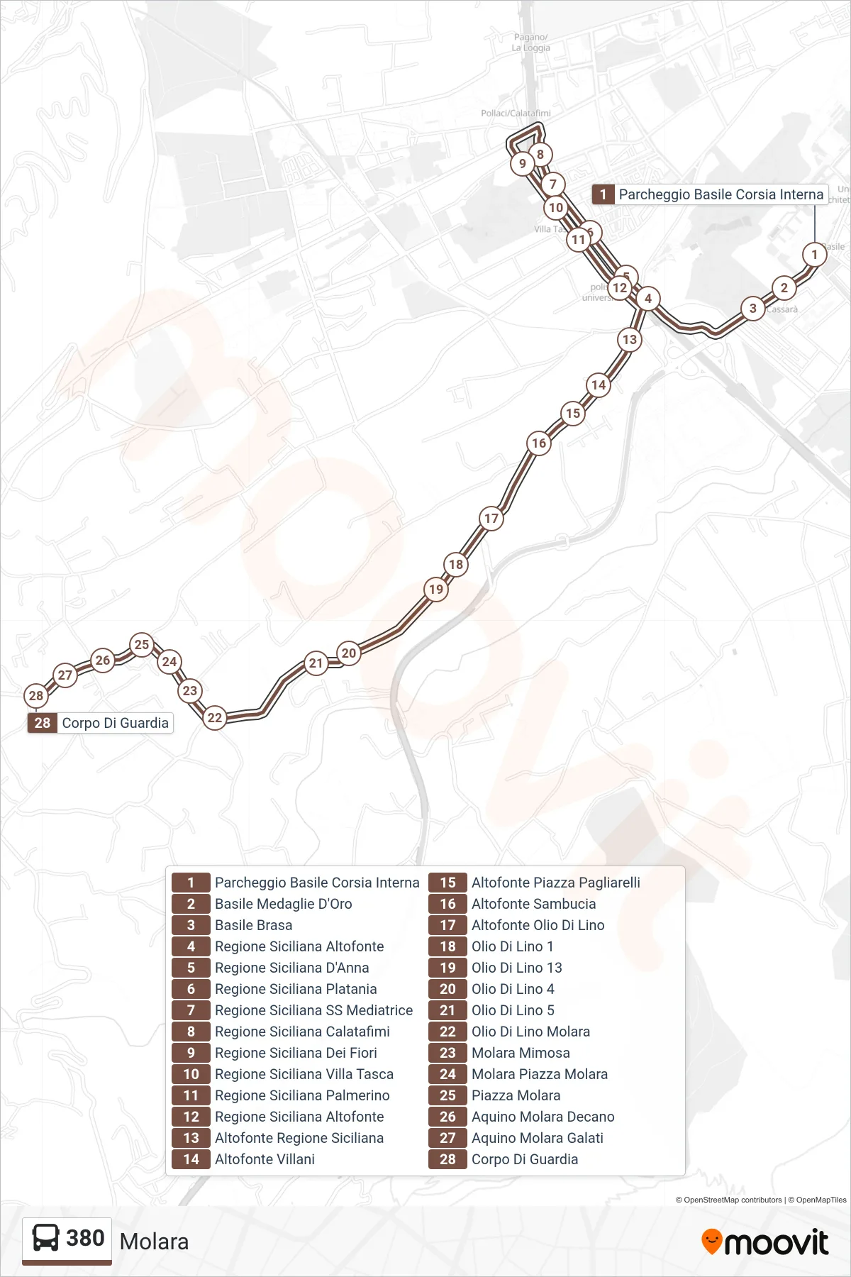 Linea 380 bus (Molara) - Percorsi e fermate sulla mappa