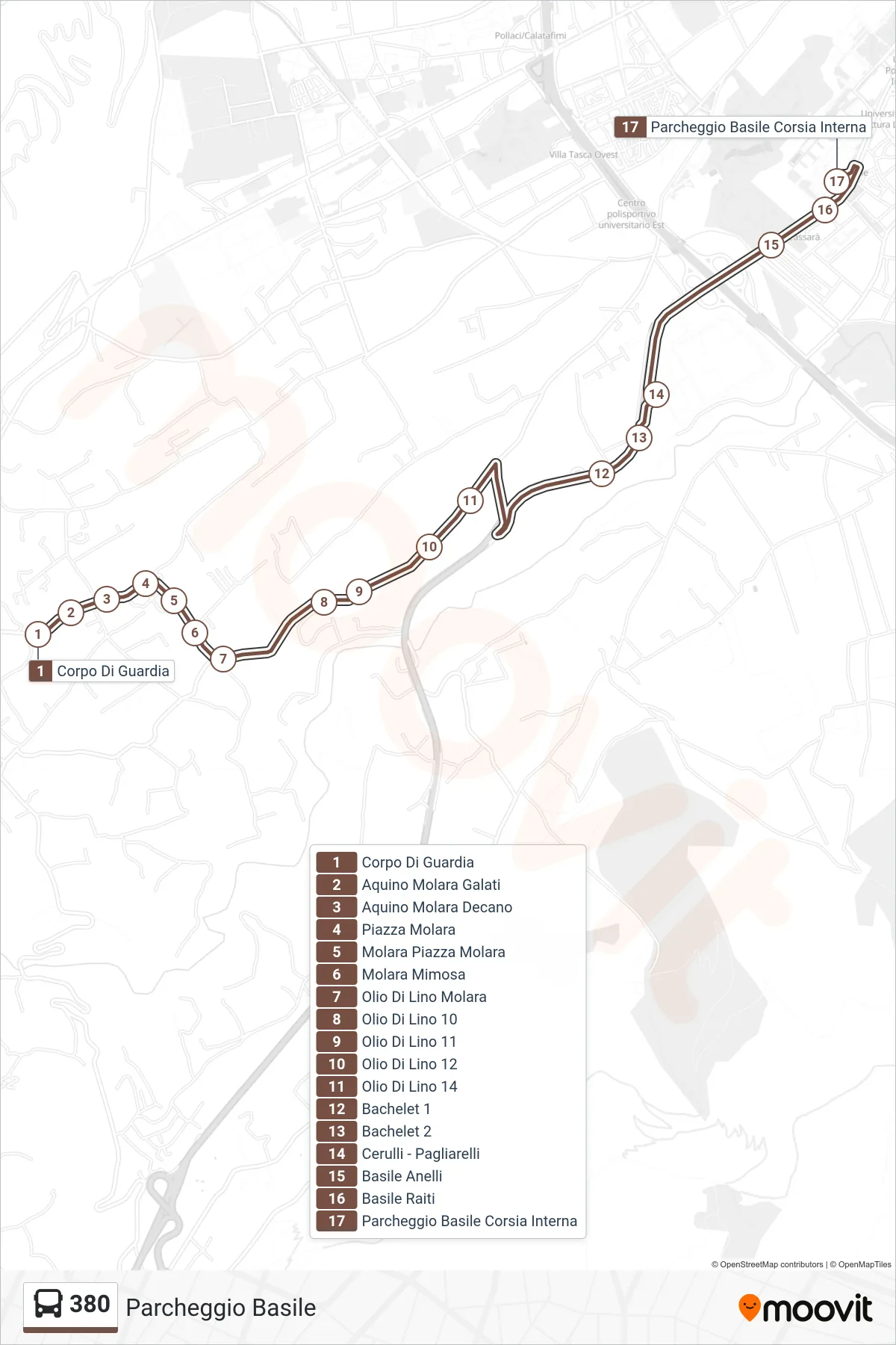 Linea 380  bus (Parcheggio Basile) - Percorsi e fermate sulla mappa