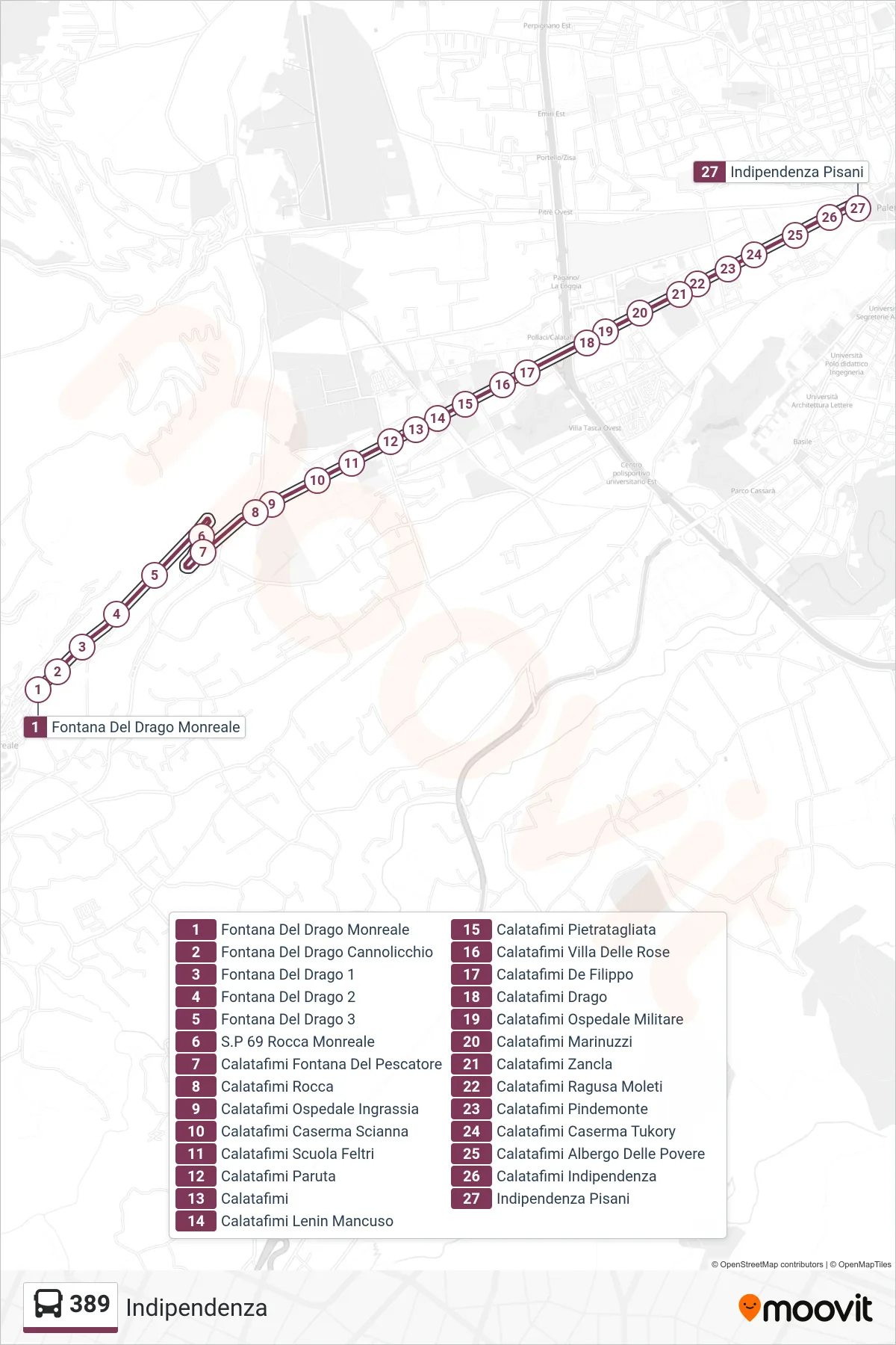 Linea 389 bus (Indipendenza) - Percorsi e fermate sulla mappa