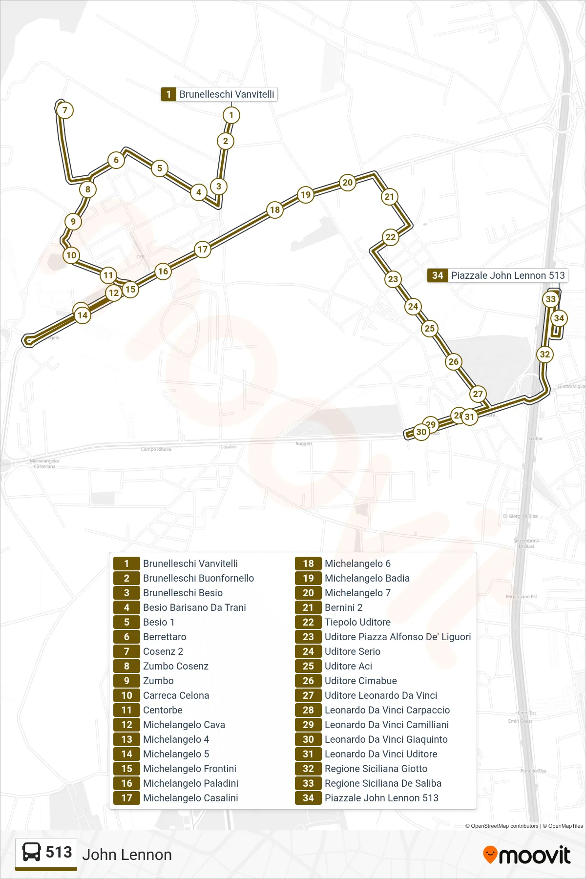 Linea 513 bus (John Lennon) - Percorsi e fermate sulla mappa
