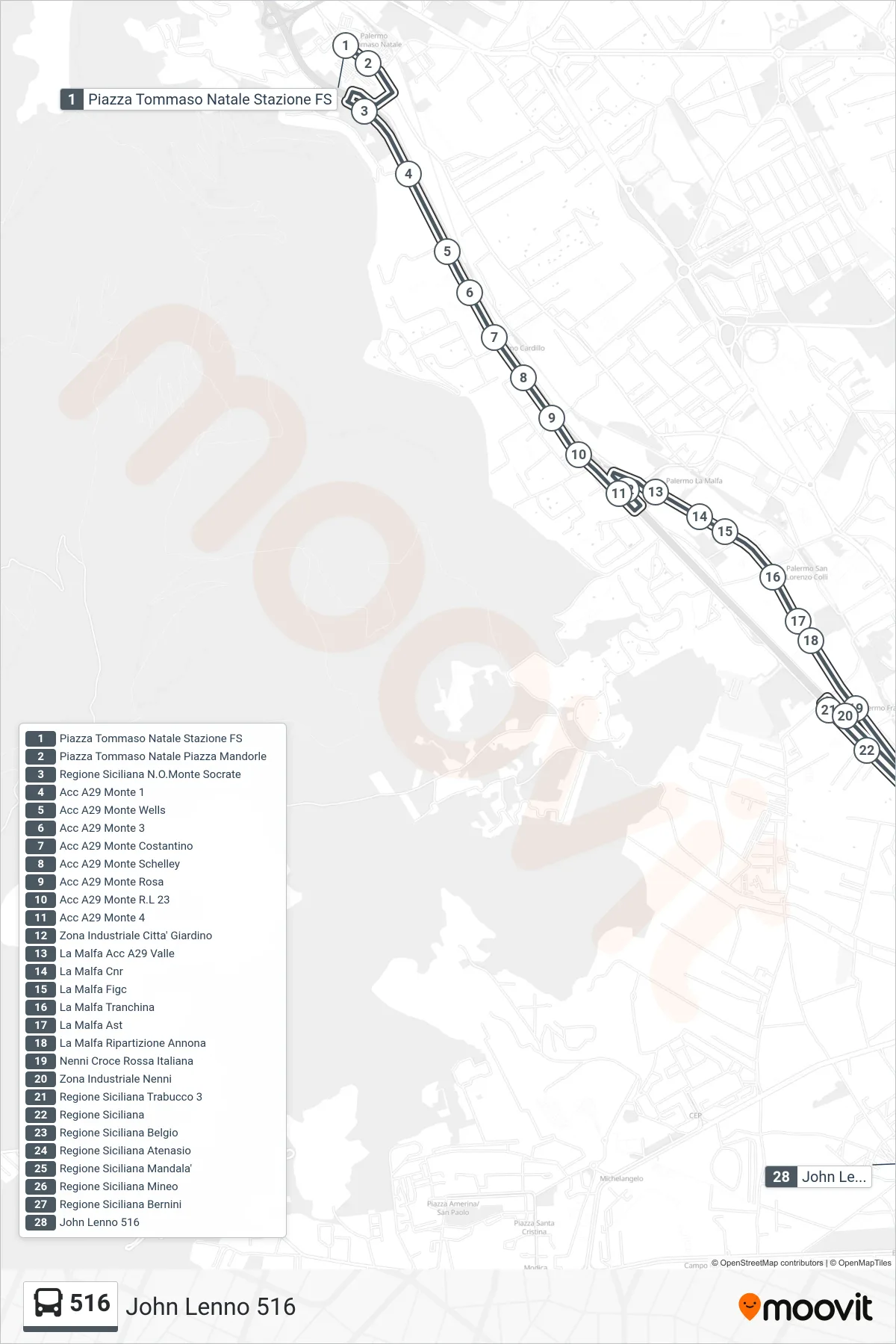 Linea 516 bus (John Lenno 516) - Percorsi e fermate sulla mappa