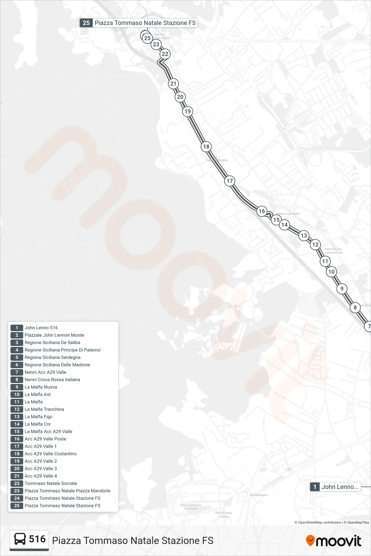 Linea 516 bus (Piazza Tommaso Natale Stazione FS) - Percorsi e fermate sulla mappa