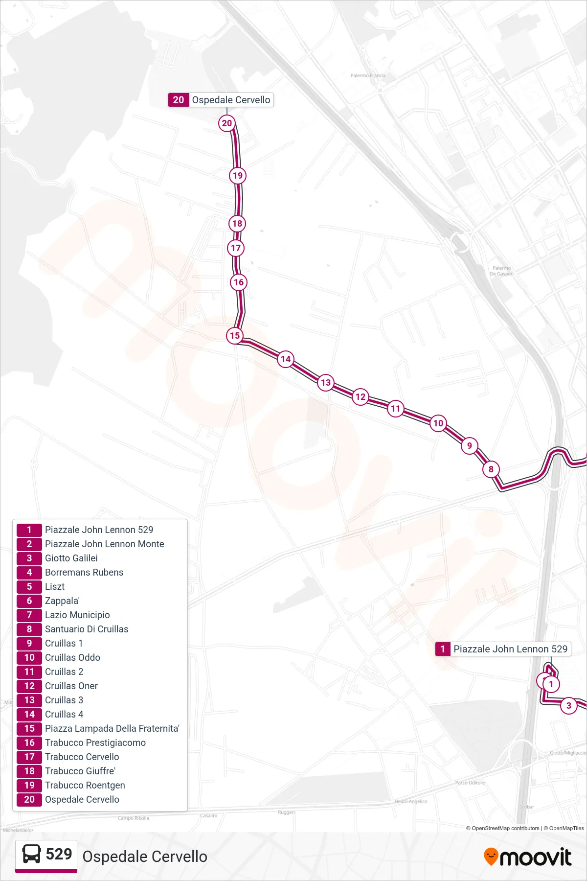Linea 529  bus (Ospedale Cervello) - Percorsi e fermate sulla mappa