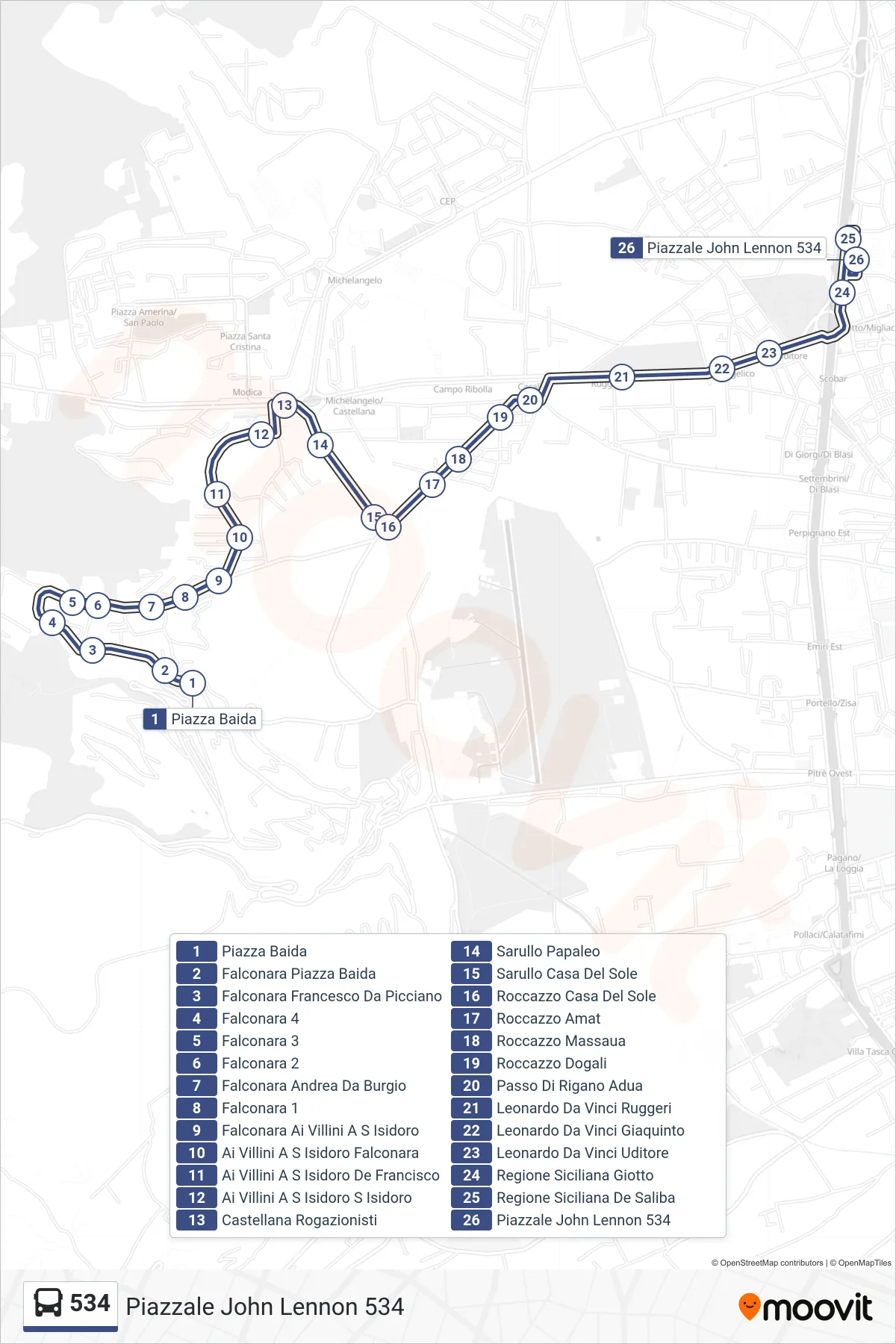 Linea 534  bus (Piazzale John Lennon 534) - Percorsi e fermate sulla mappa