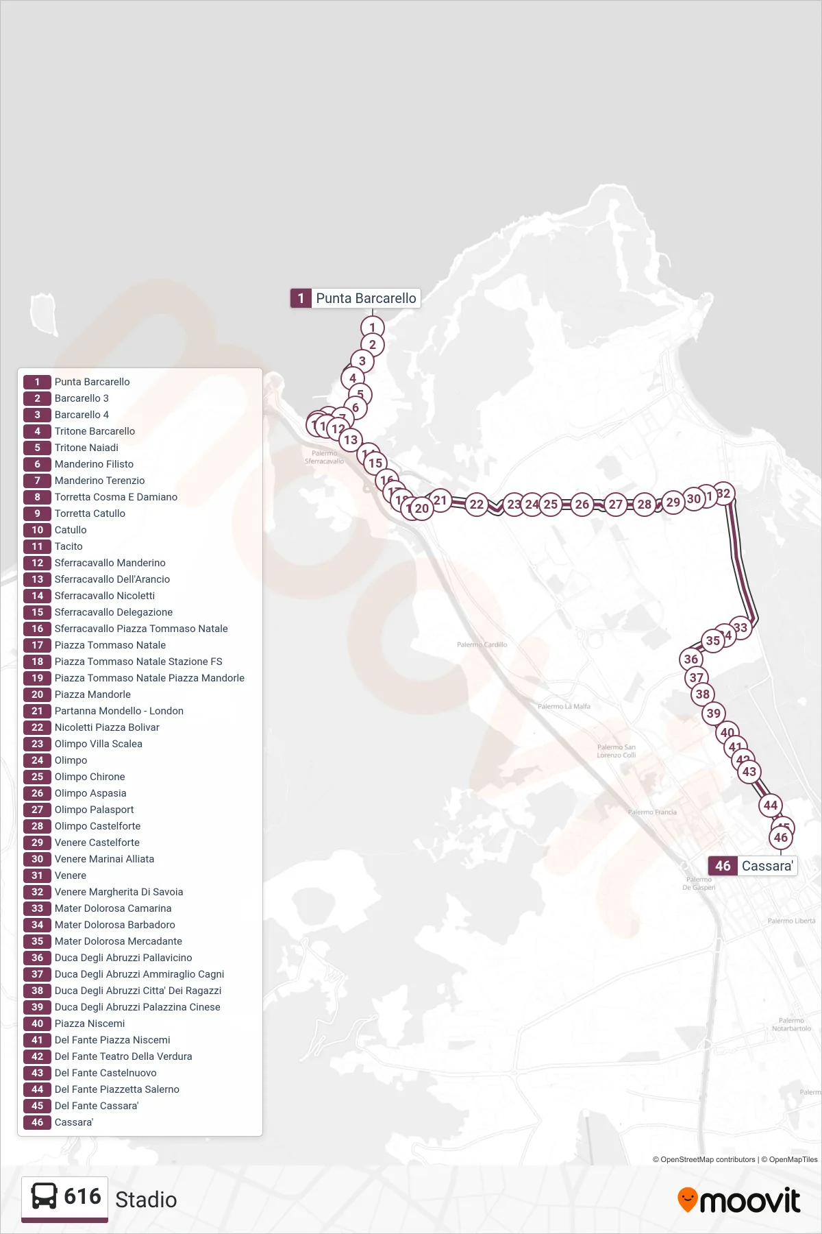 Linea 616 bus (Stadio) - Percorsi e fermate sulla mappa