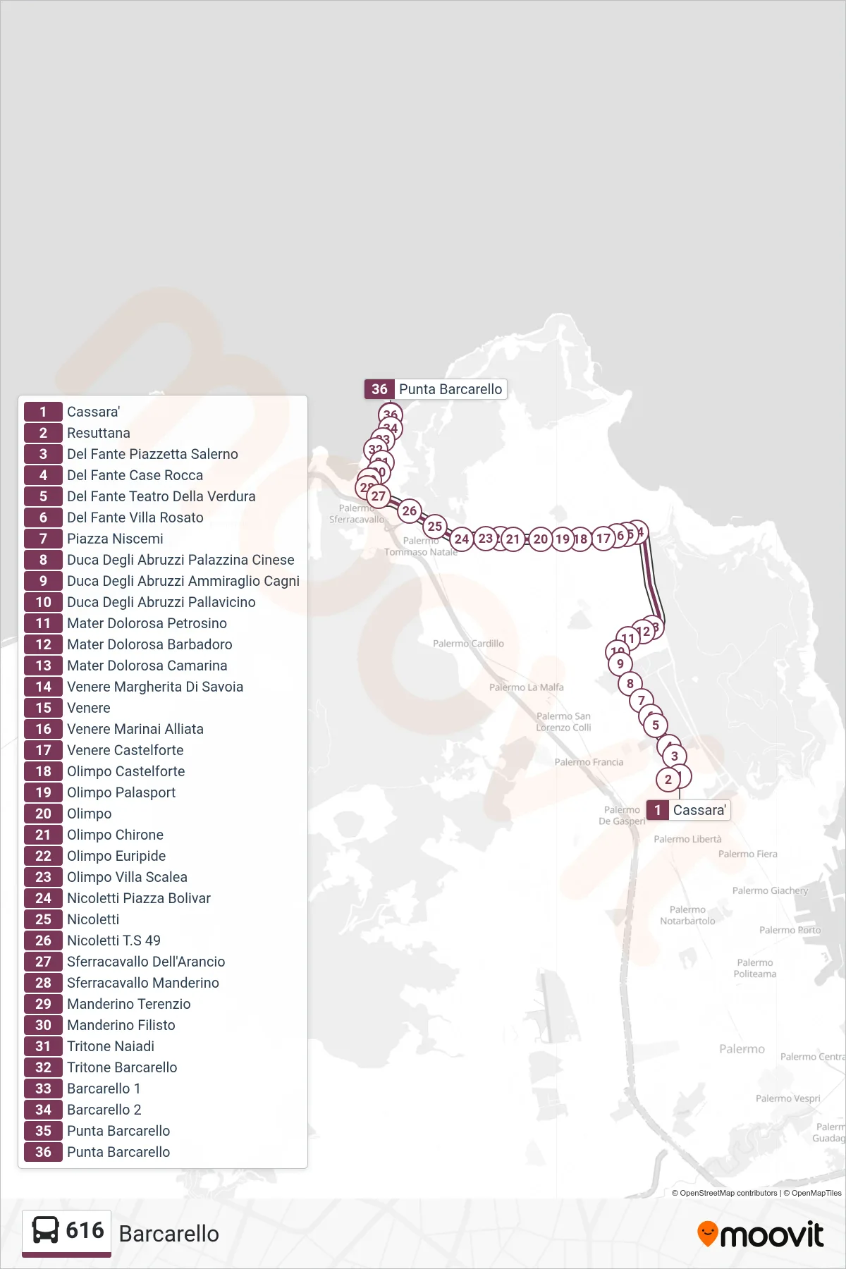 Linea 616 bus (Barcarello) - Percorsi e fermate sulla mappa