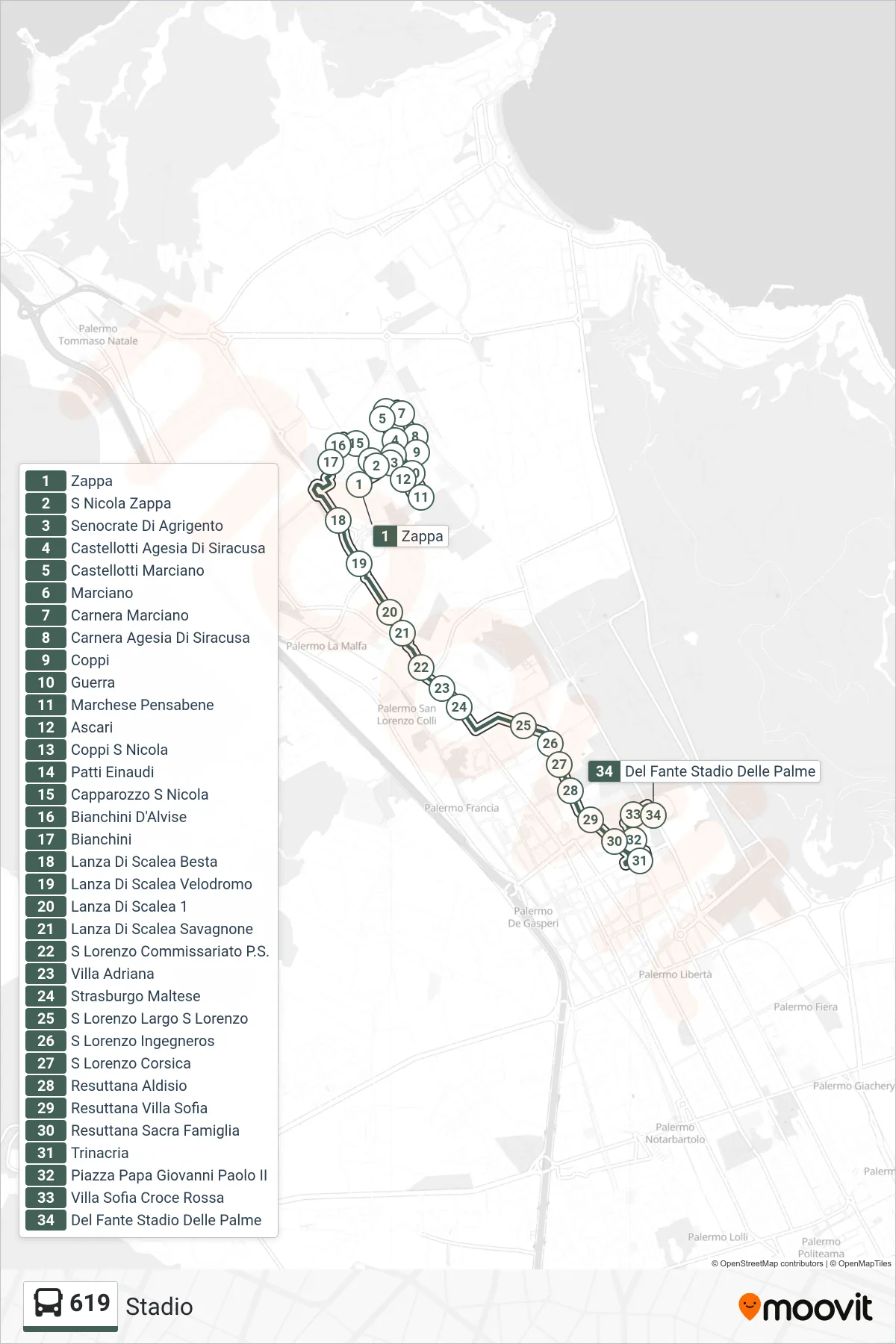 Linea 619  bus (Stadio) - Percorsi e fermate sulla mappa