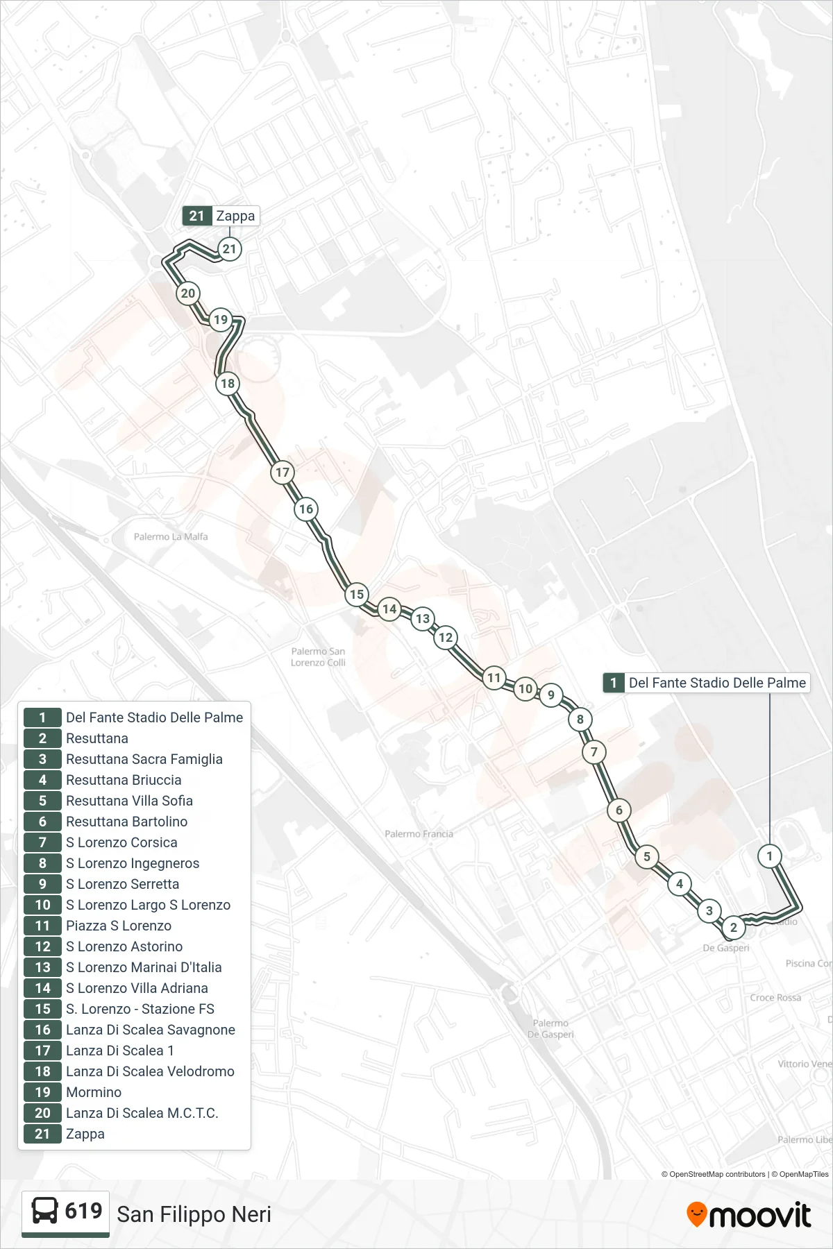 Linea 619 bus (San Filippo Neri) - Percorsi e fermate sulla mappa