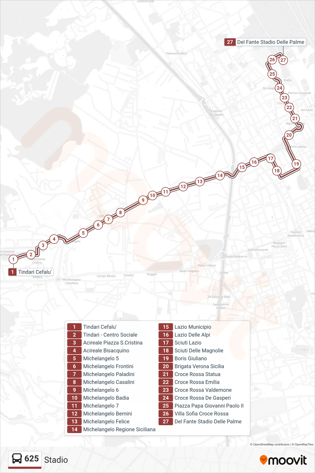 Linea 625 bus (Stadio) - Percorsi e fermate sulla mappa