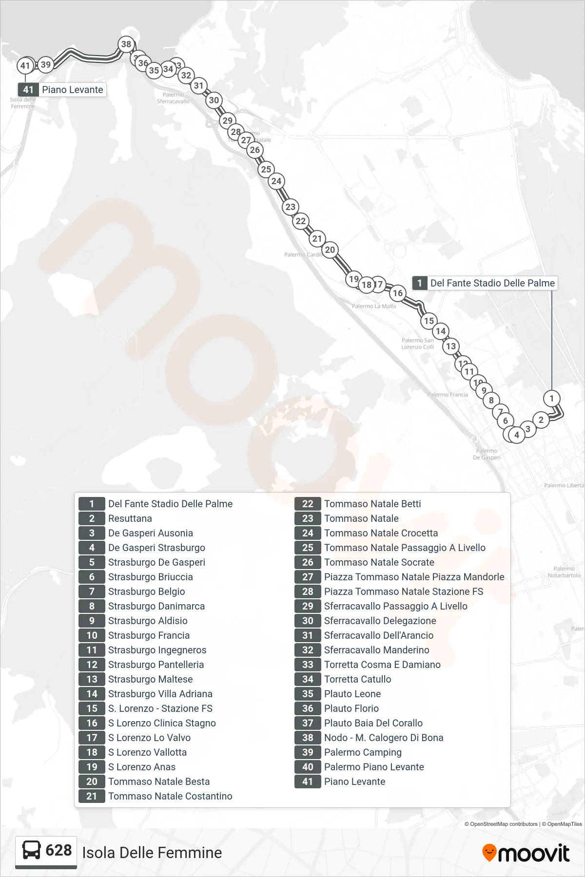 Linea 628  bus (Isola Delle Femmine) - Percorsi e fermate sulla mappa