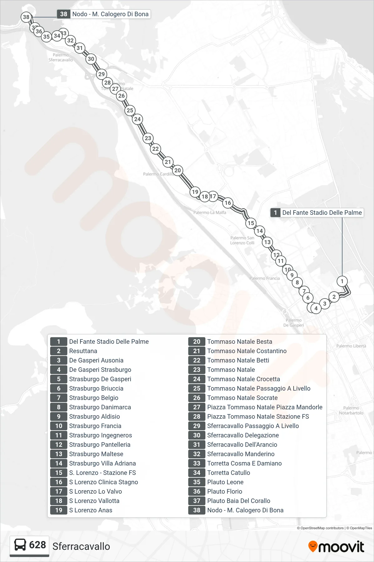 Linea 628 bus (Sferracavallo) - Percorsi e fermate sulla mappa