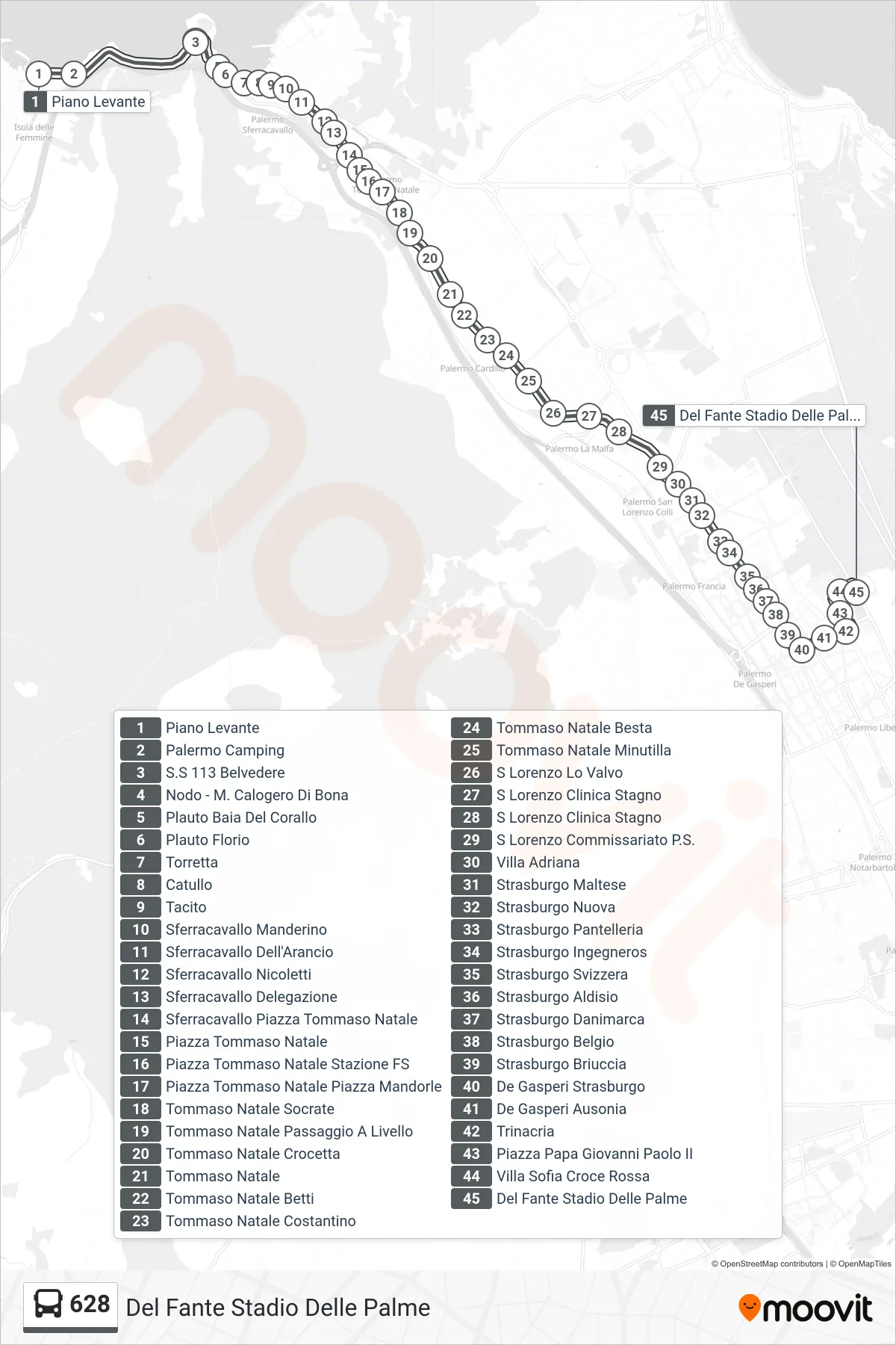 Linea 628 bus (Del Fante Stadio Delle Palme) - Percorsi e fermate sulla mappa