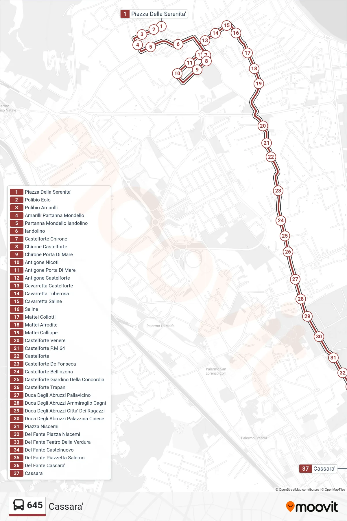 Linea 645 bus (Cassara') - Percorsi e fermate sulla mappa