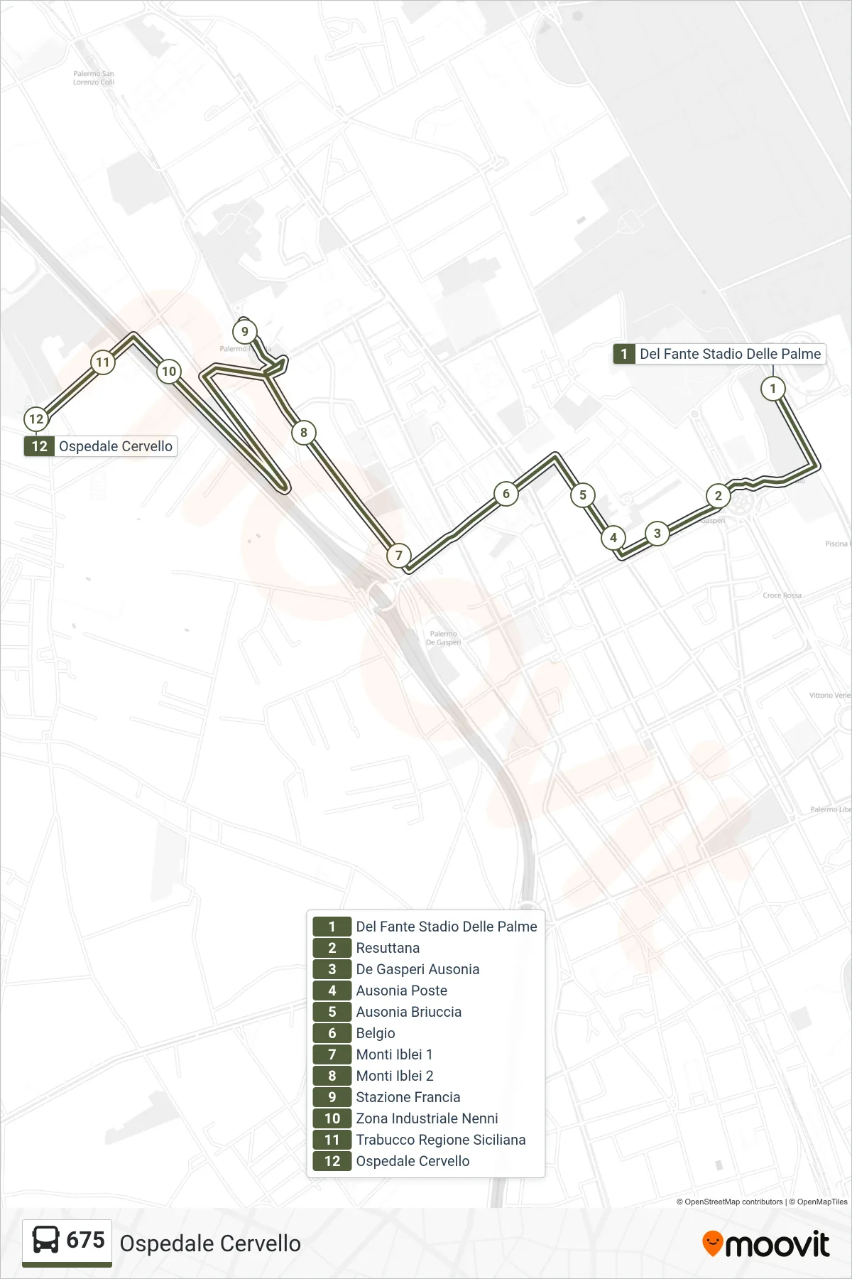 Linea 675 bus (Ospedale Cervello) - Percorsi e fermate sulla mappa