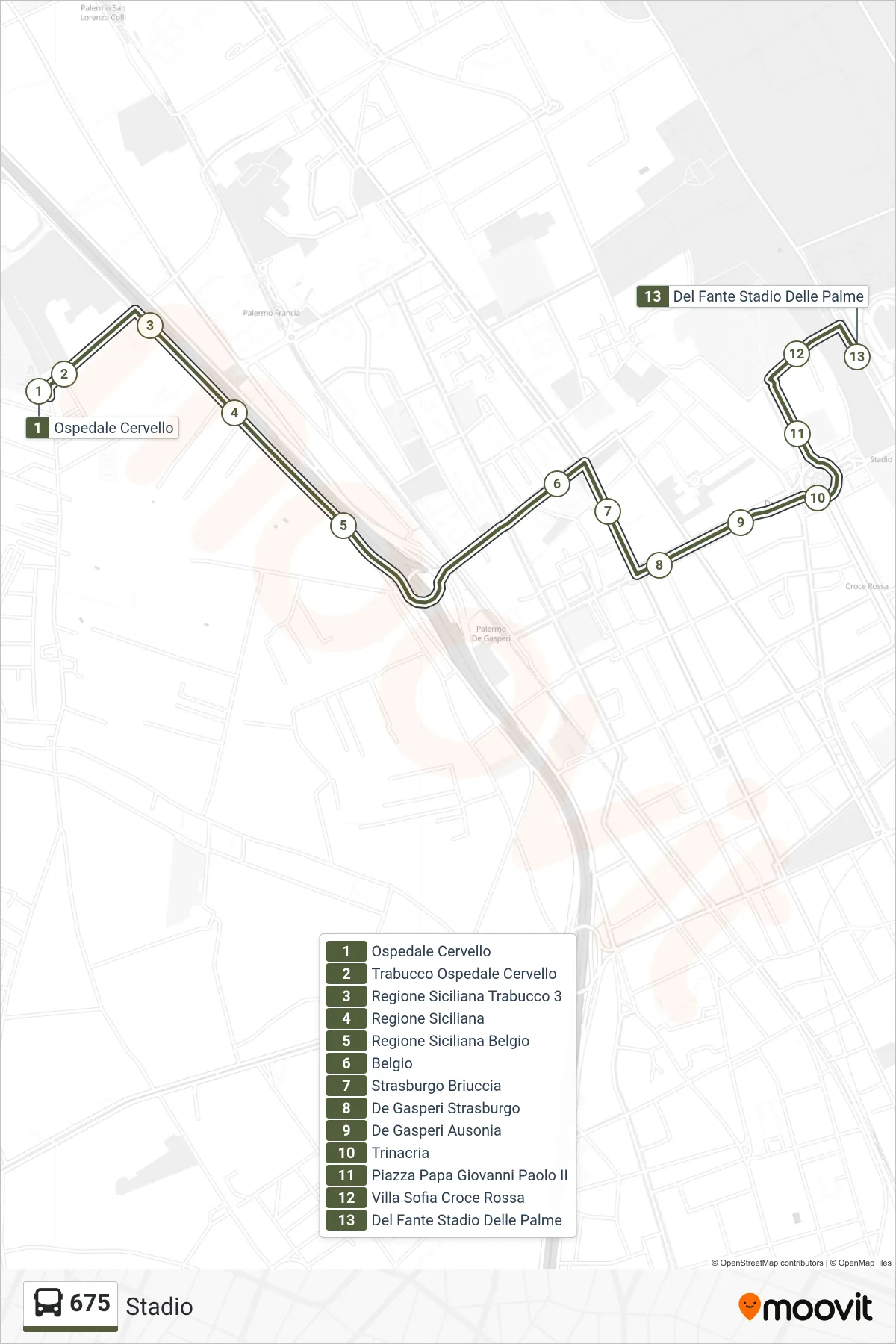 Linea 675  bus (Stadio) - Percorsi e fermate sulla mappa