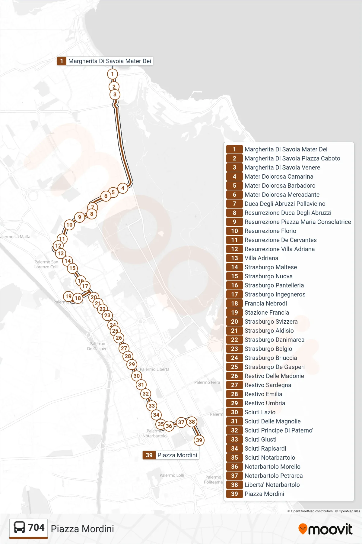 Linea 704 bus (Piazza Mordini) - Percorsi e fermate sulla mappa