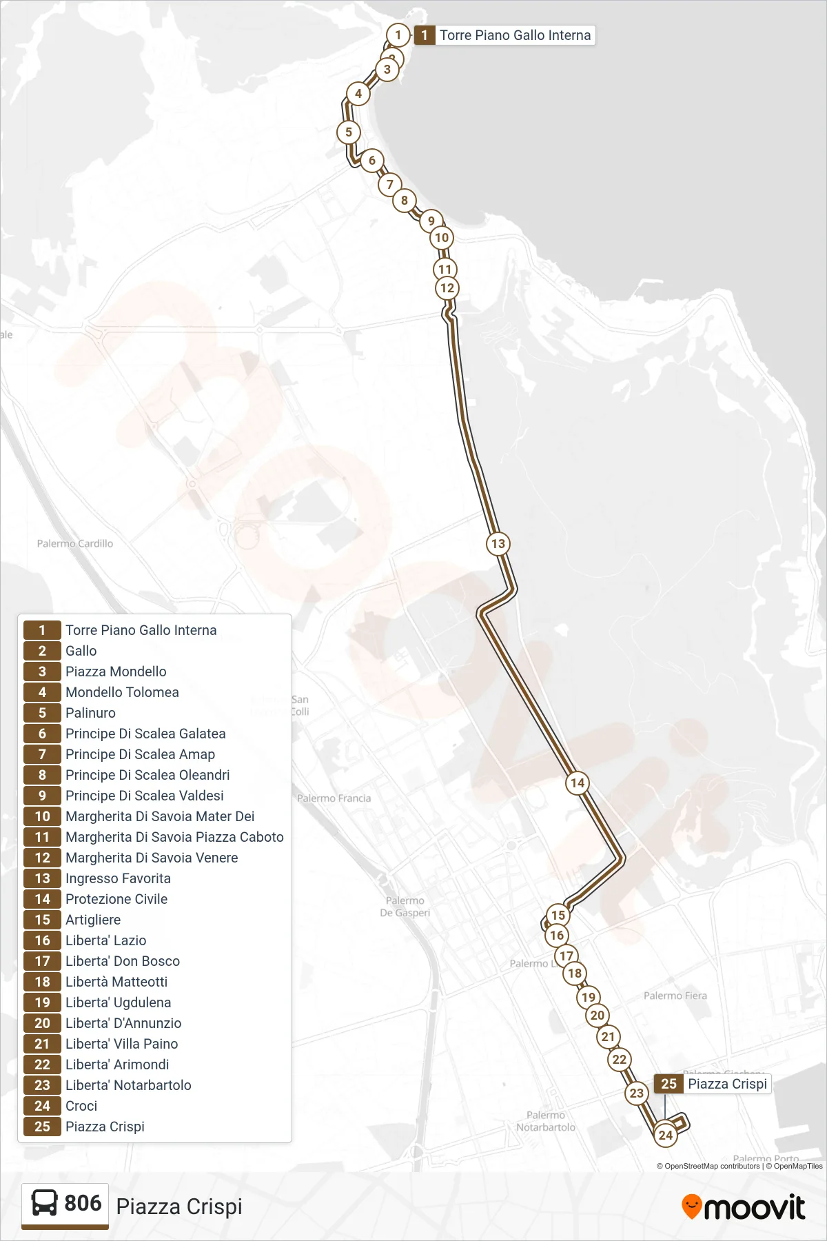 Linea 806  bus (Piazza Crispi) - Percorsi e fermate sulla mappa