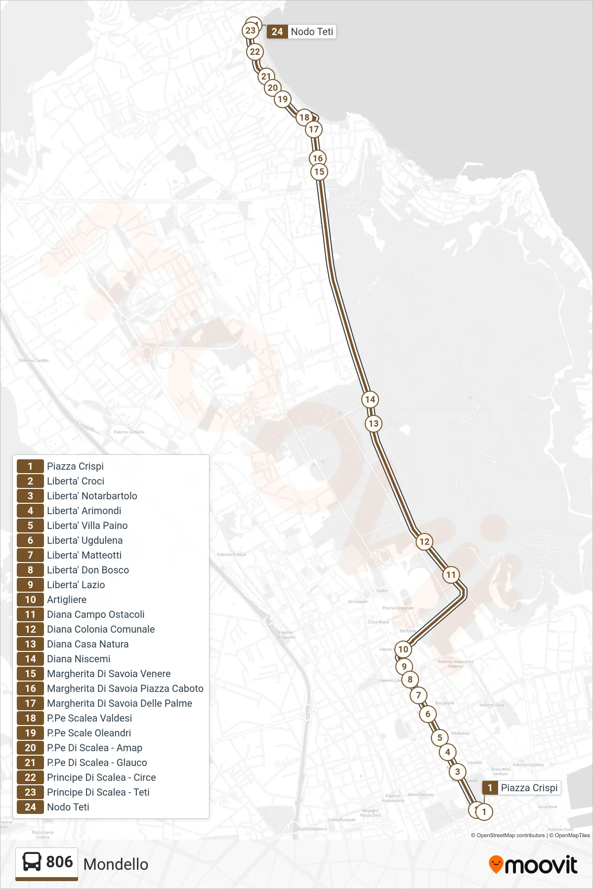 Linea 806 bus (Mondello) - Percorsi e fermate sulla mappa