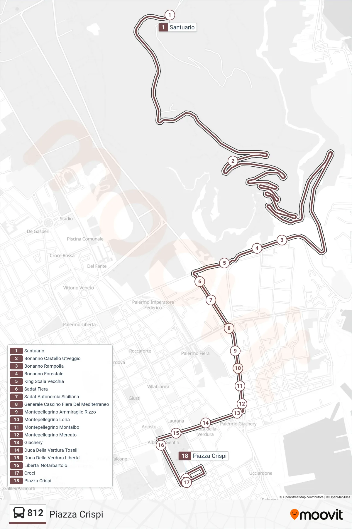 Linea 812  bus (Piazza Crispi) - Percorsi e fermate sulla mappa