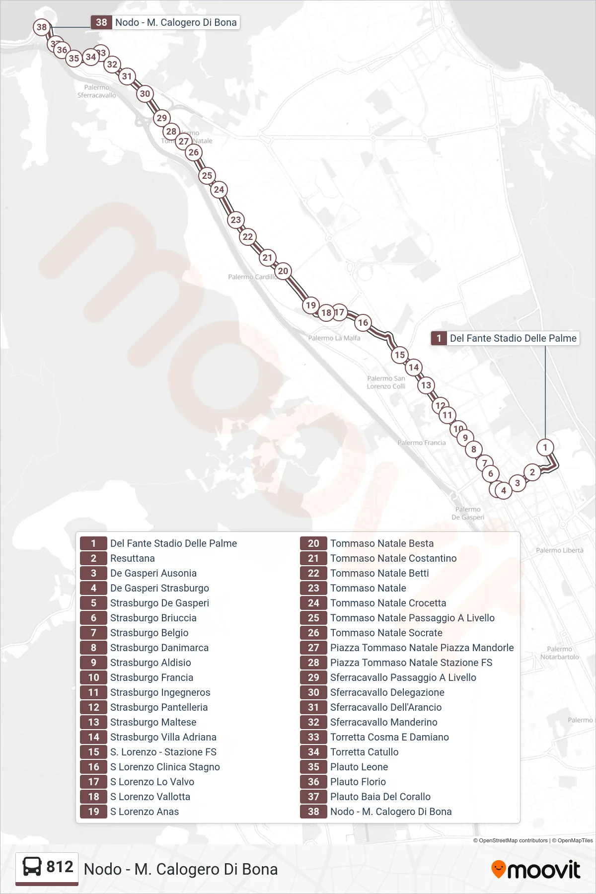 Linea 812 bus (Nodo - M. Calogero Di Bona) - Percorsi e fermate sulla mappa