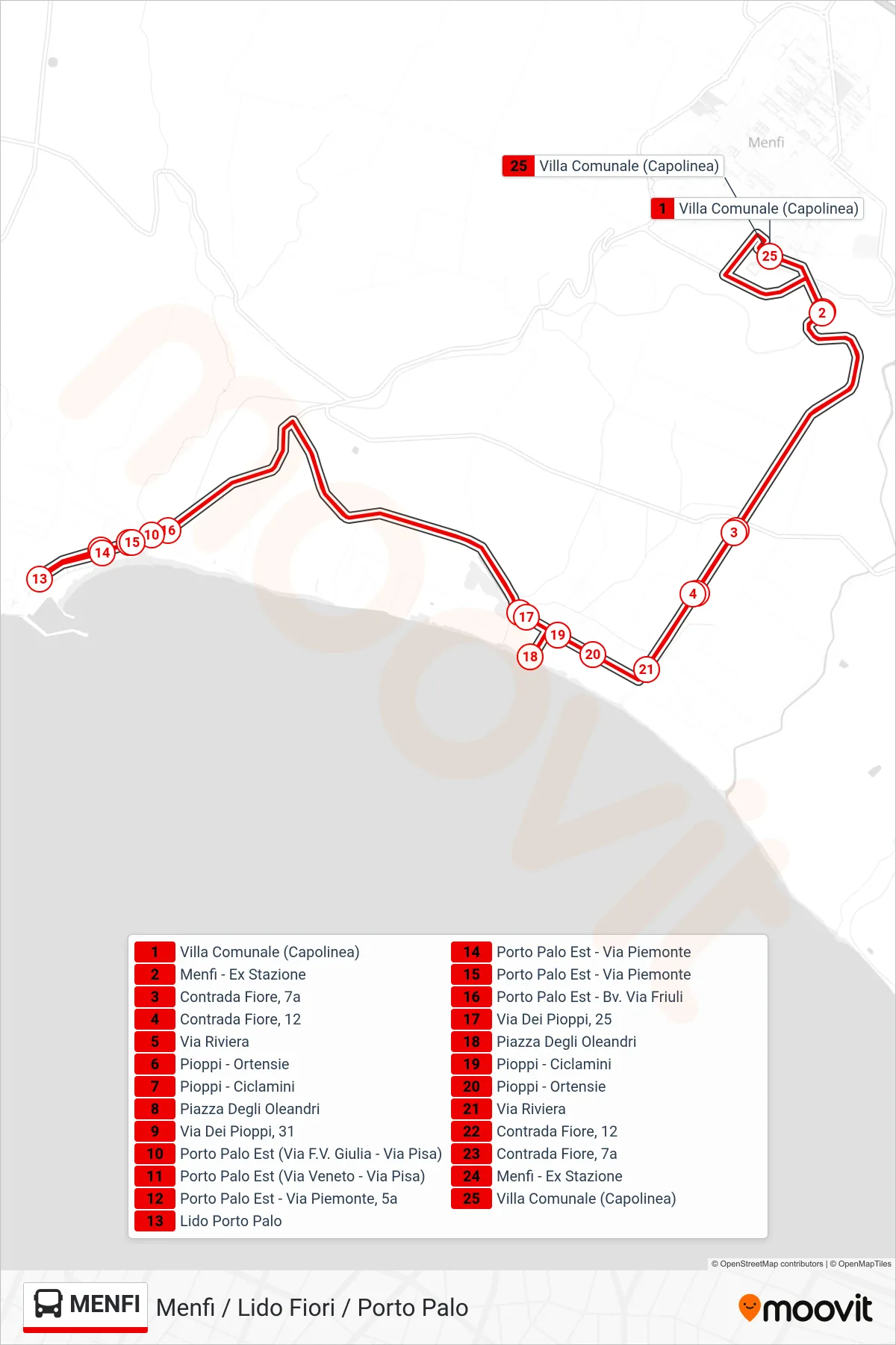 Linea MENFI  bus (Menfi <-> Porto Palo) - Percorsi e fermate sulla mappa