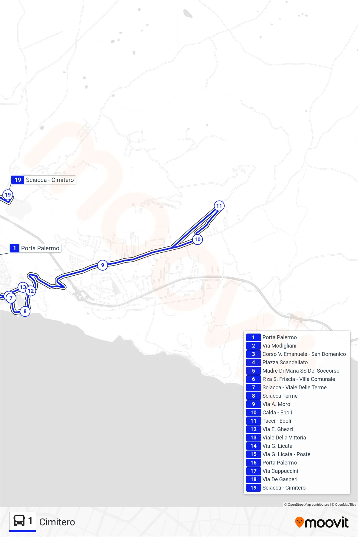 Linea 1  bus (Cimitero) - Percorsi e fermate sulla mappa