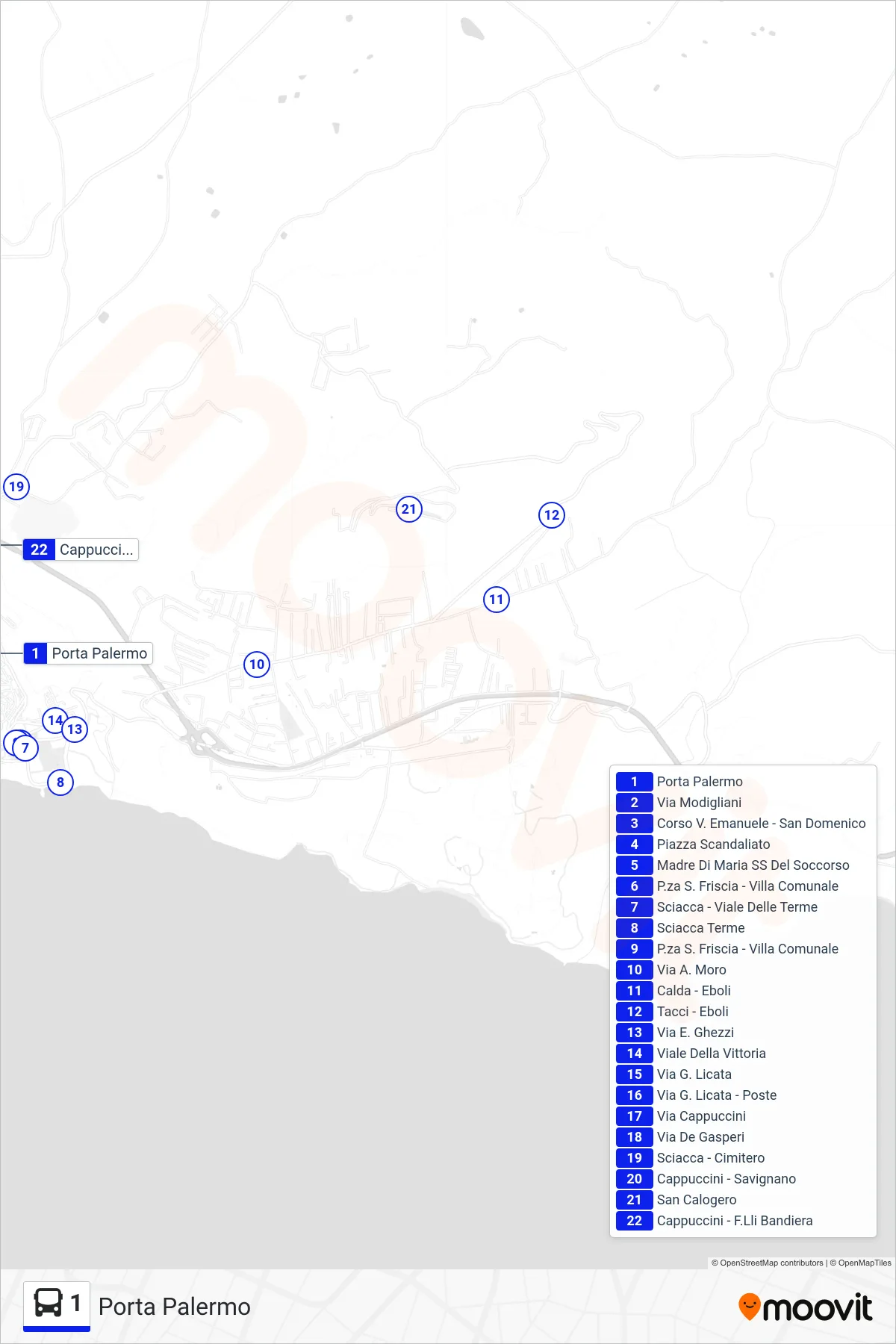 Linea 1 bus (Porta Palermo) - Percorsi e fermate sulla mappa