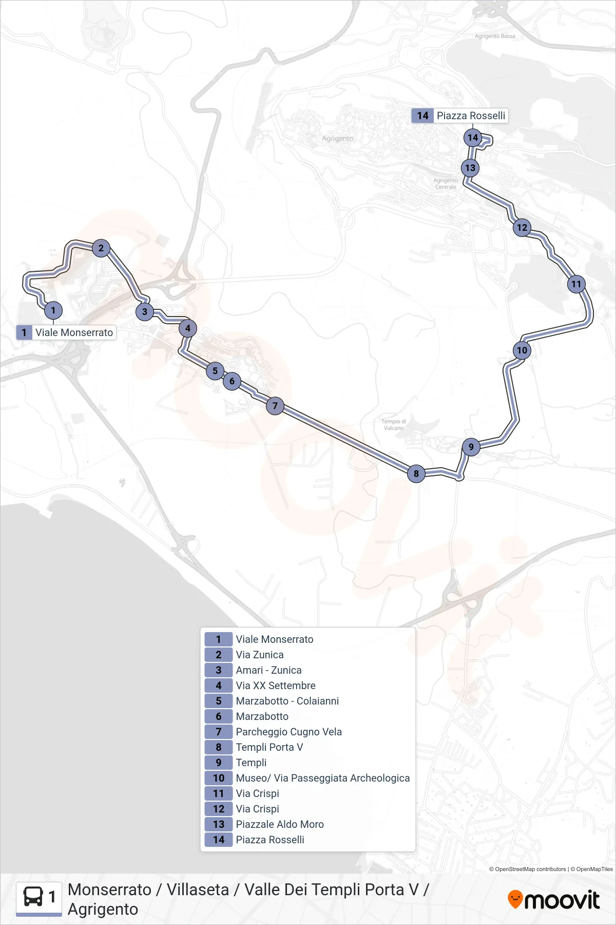 Linea 1  bus (Monserrato / Villaseta / Valle Dei Templi Porta V / Agrigento) - Percorsi e fermate sulla mappa