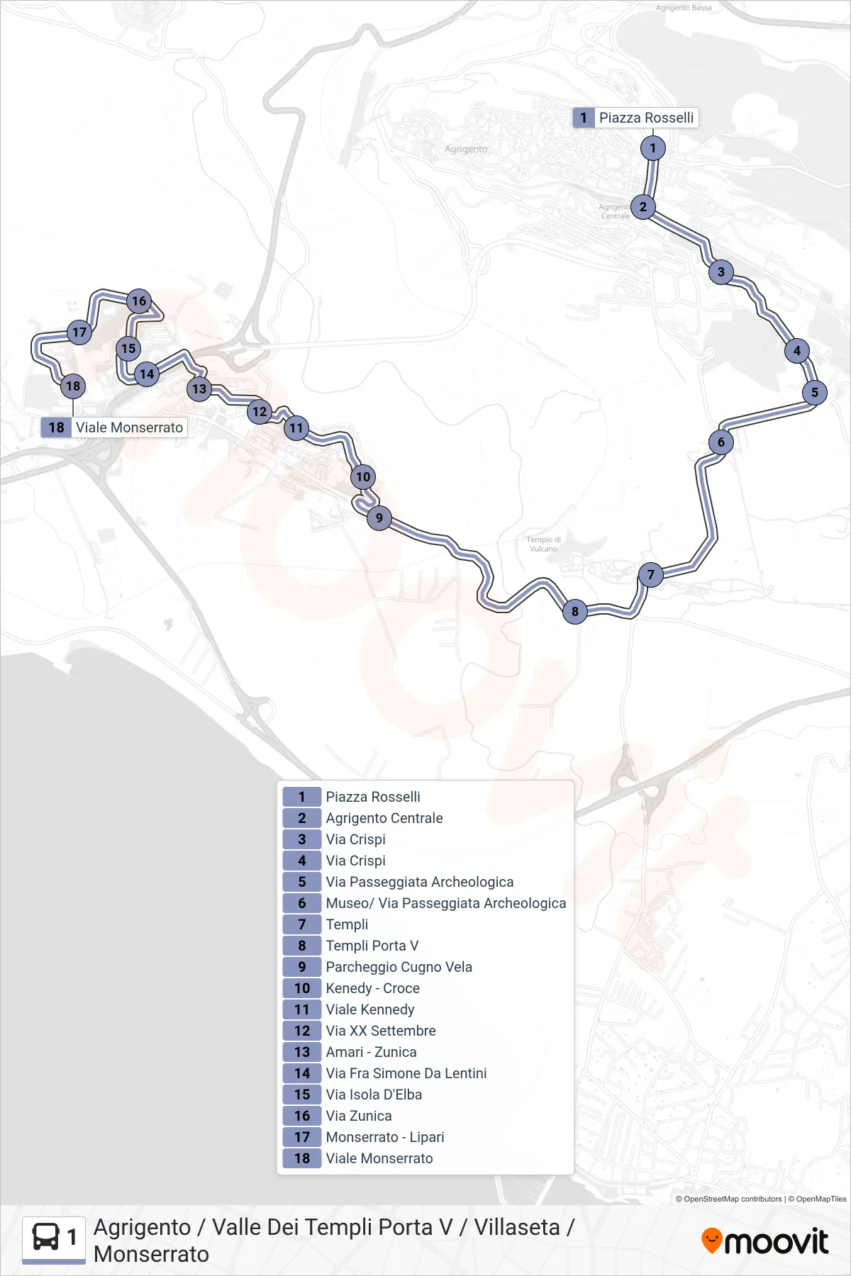 Linea 1  bus (Agrigento / Valle Dei Templi Porta V / Villaseta / Monserrato) - Percorsi e fermate sulla mappa