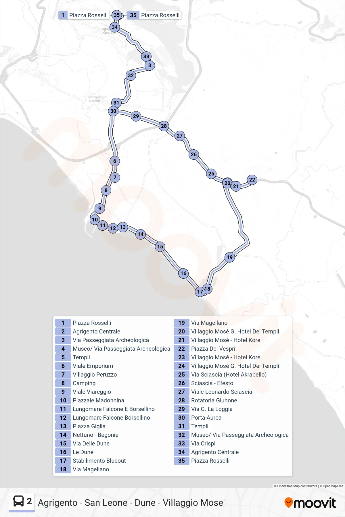 Linea 2 bus (Agrigento - San Leone - Dune - Villaggio Mose') - Percorsi e fermate sulla mappa