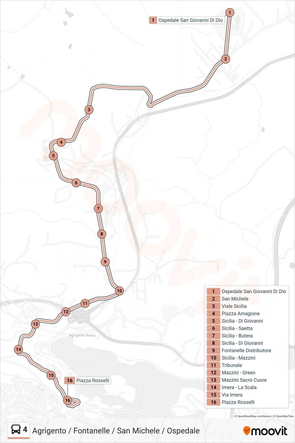 Linea 4 bus (Ospedale / San Michele / Fontanelle / Agrigento) - Percorsi e fermate sulla mappa