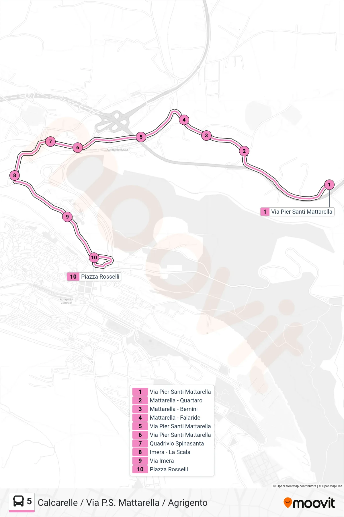 Linea 5  bus (Calcarelle / Via P.S. Mattarella / Agrigento) - Percorsi e fermate sulla mappa