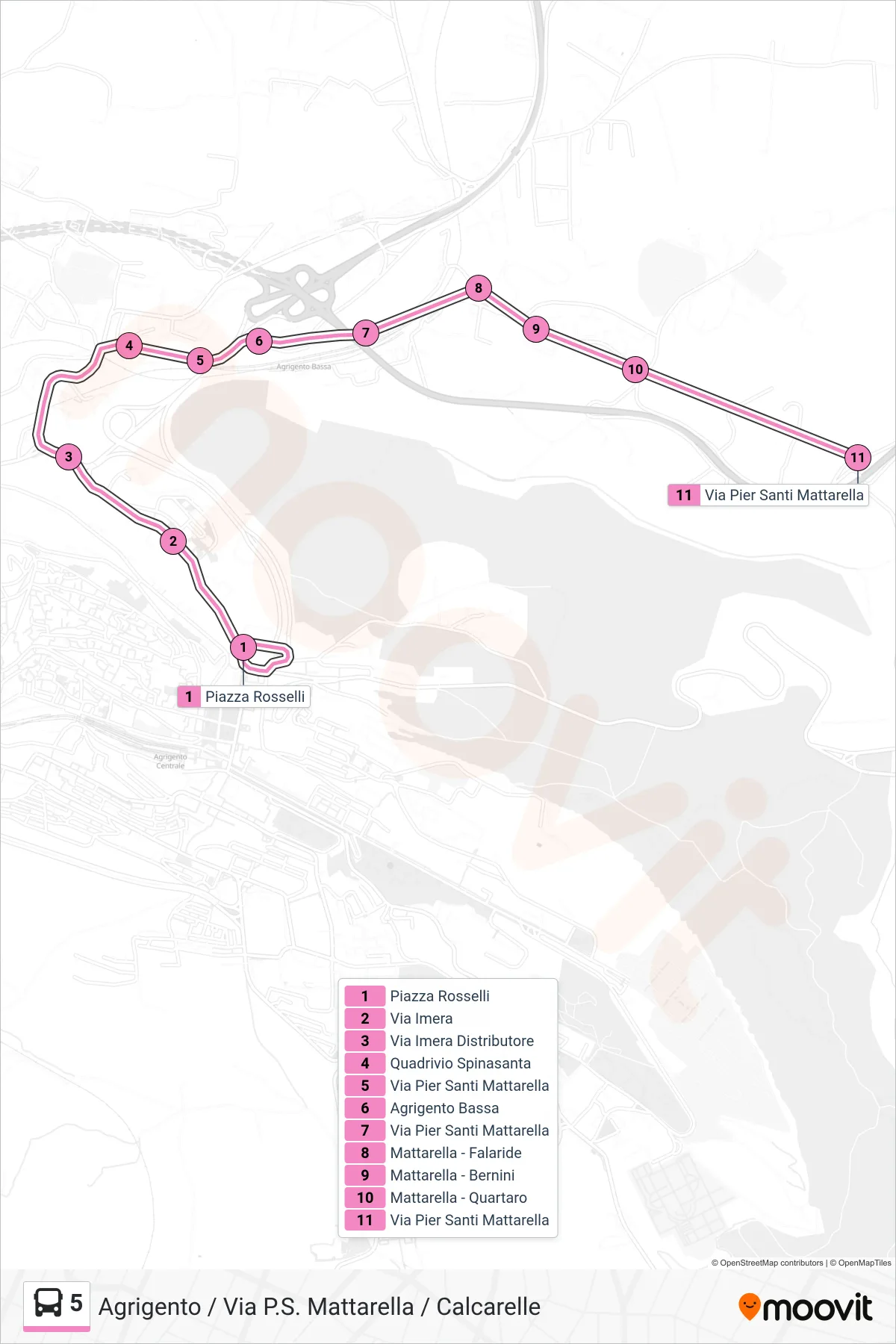 Linea 5 bus (Agrigento / Via P.S. Mattarella / Calcarelle) - Percorsi e fermate sulla mappa