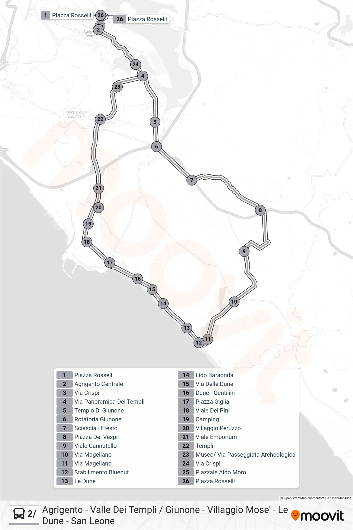 Linea 2/ bus (Agrigento - Valle Dei Templi / Giunone - Villaggio Mose' - Le Dune - San Leone) - Percorsi e fermate sulla mappa