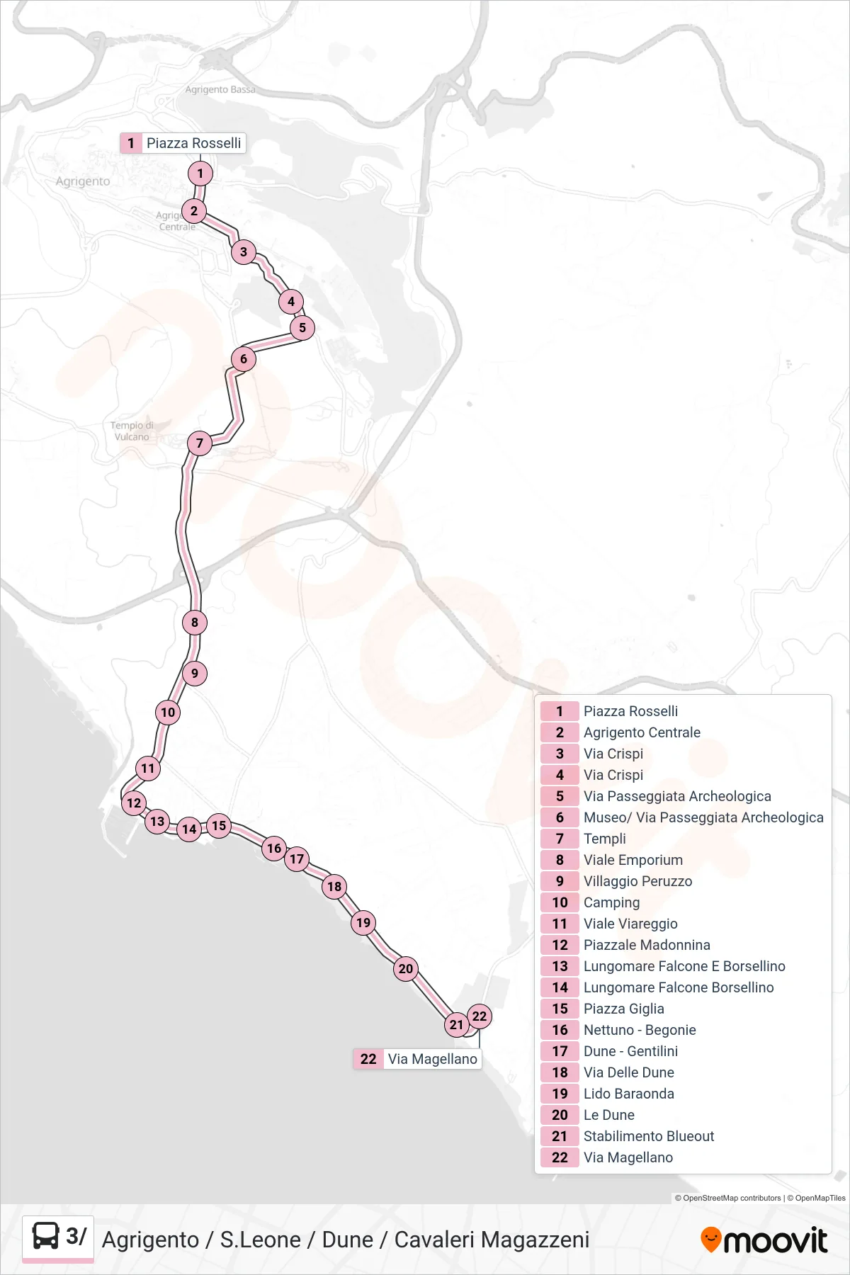 Linea 3/  bus (Agrigento / S.Leone / Dune / Cavaleri Magazzeni) - Percorsi e fermate sulla mappa