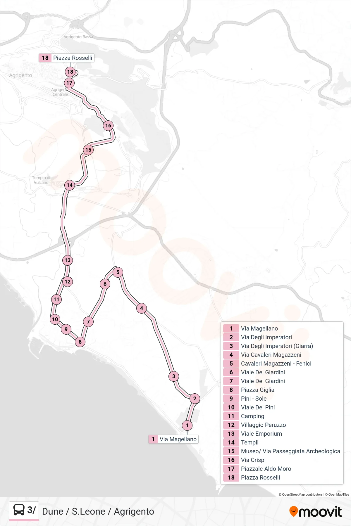 Linea 3/ bus (Dune / S.Leone / Agrigento) - Percorsi e fermate sulla mappa