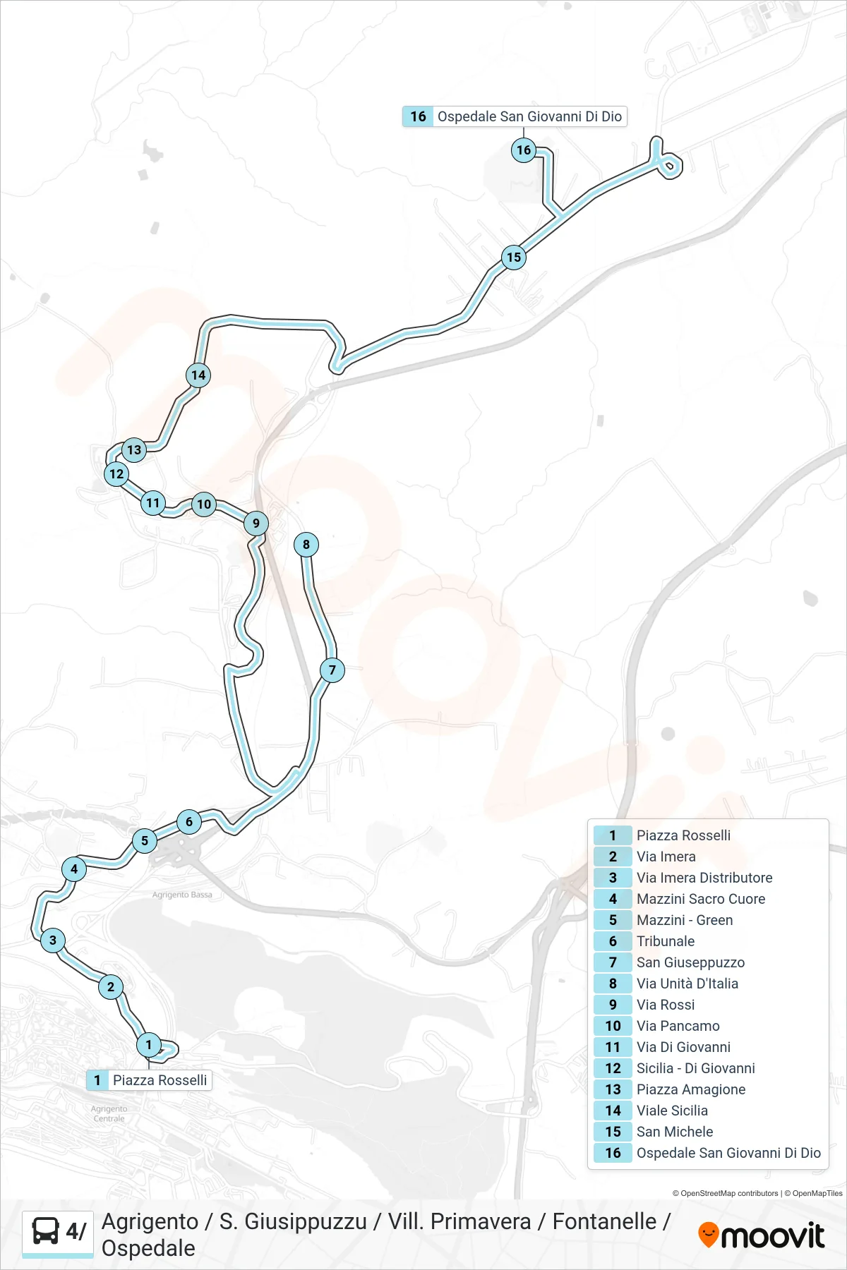 Linea 4/  bus (Agrigento / S. Giusippuzzu / Vill. Primavera / Fontanelle / Ospedale) - Percorsi e fermate sulla mappa
