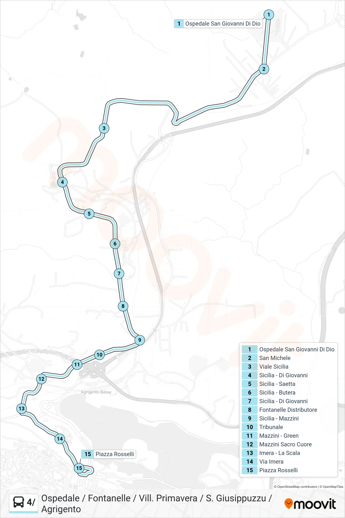 4/ bus Line (Hospital / Fontanelle / Village Primavera / San Giusippuzzu / Agrigento) route and stops on a map